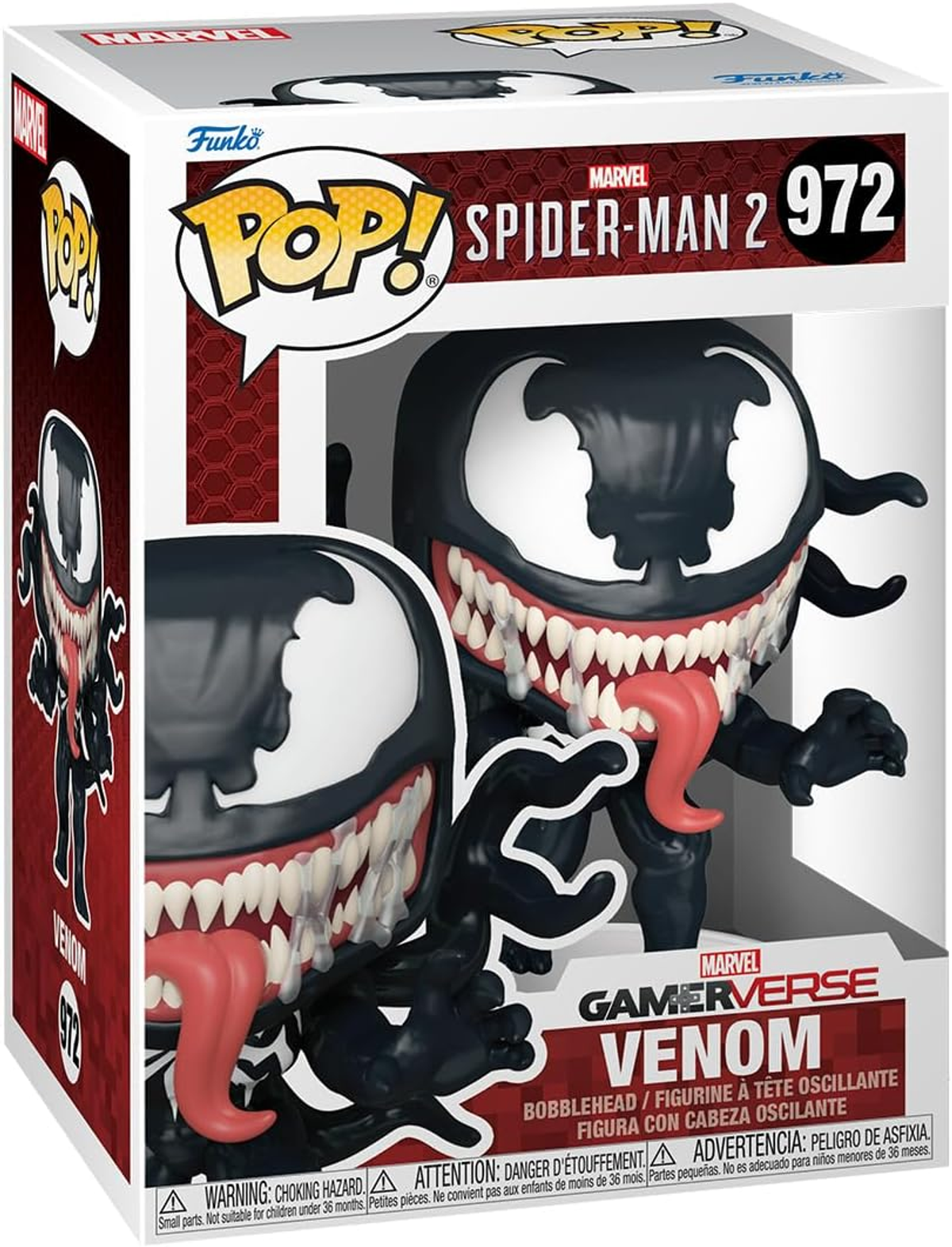 Una figura Funko Pop di Venom in una scatola. La figura è nera con un volto bianco e lingua rossa.
