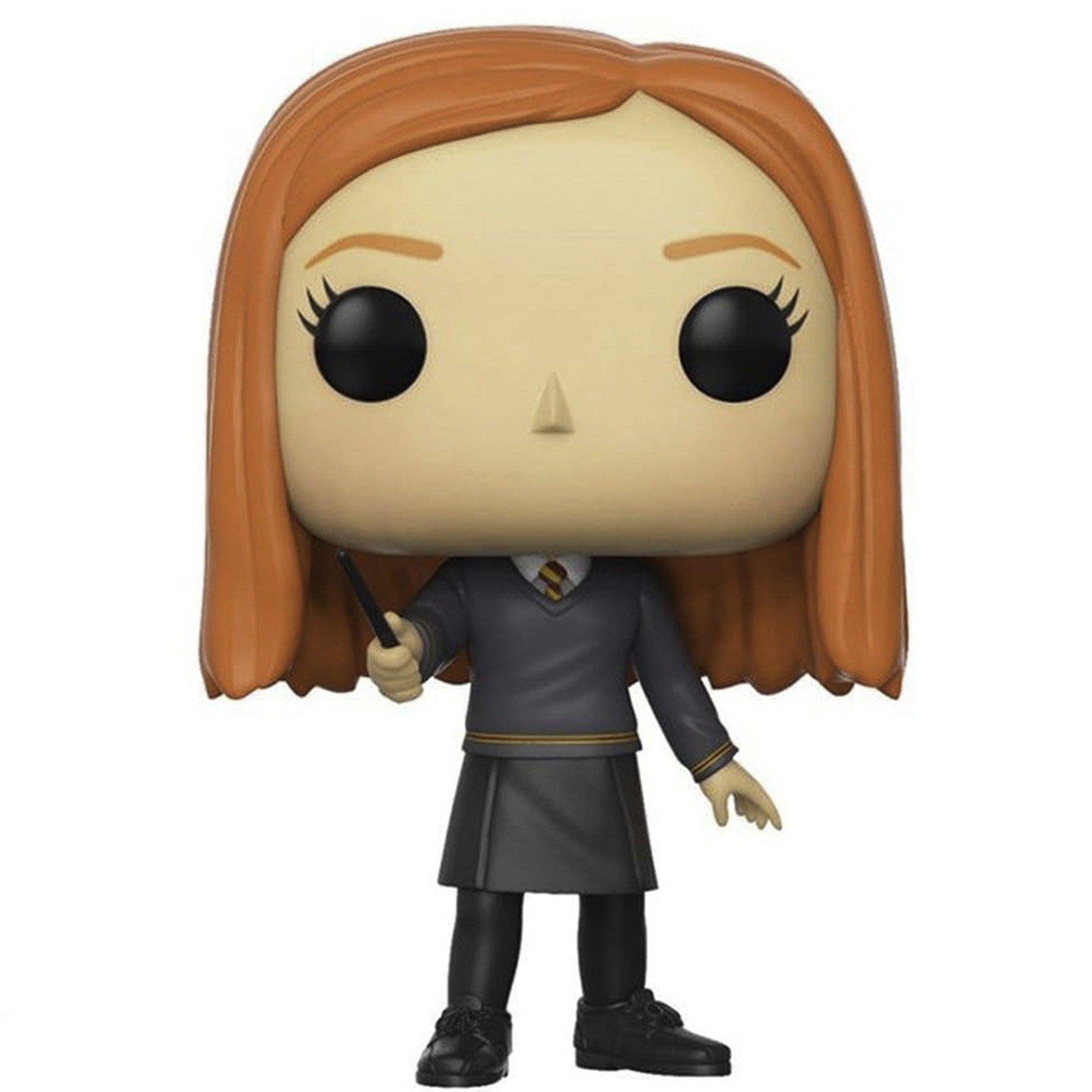 Funko Pop Figur von Ginny Weasley. Sie trägt eine graue Schuluniform und hält einen Zauberstab.