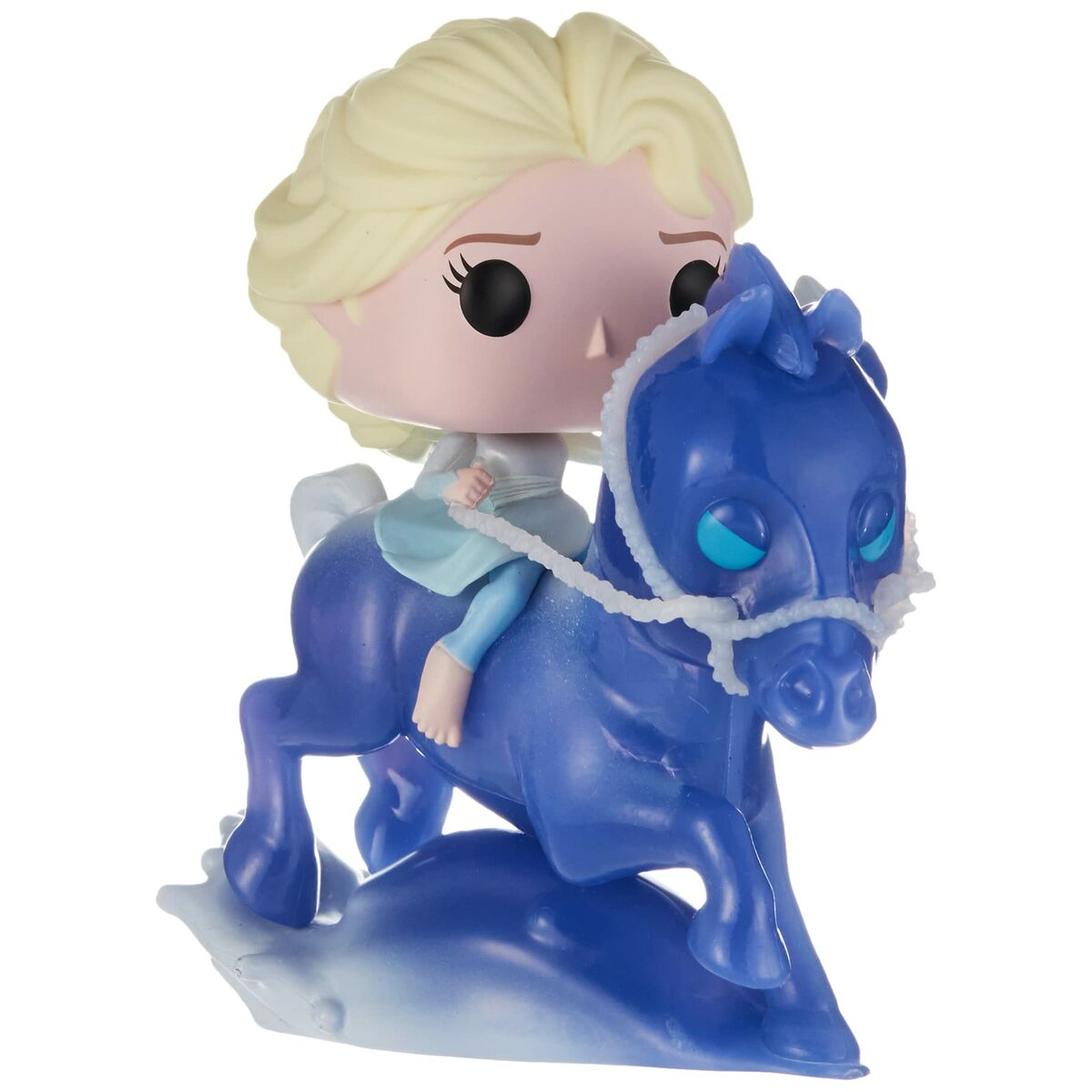 Figurka Funko Pop Elsy na niebieskim koniu. Elsa ma blond włosy i jasnoniebieską sukienkę.