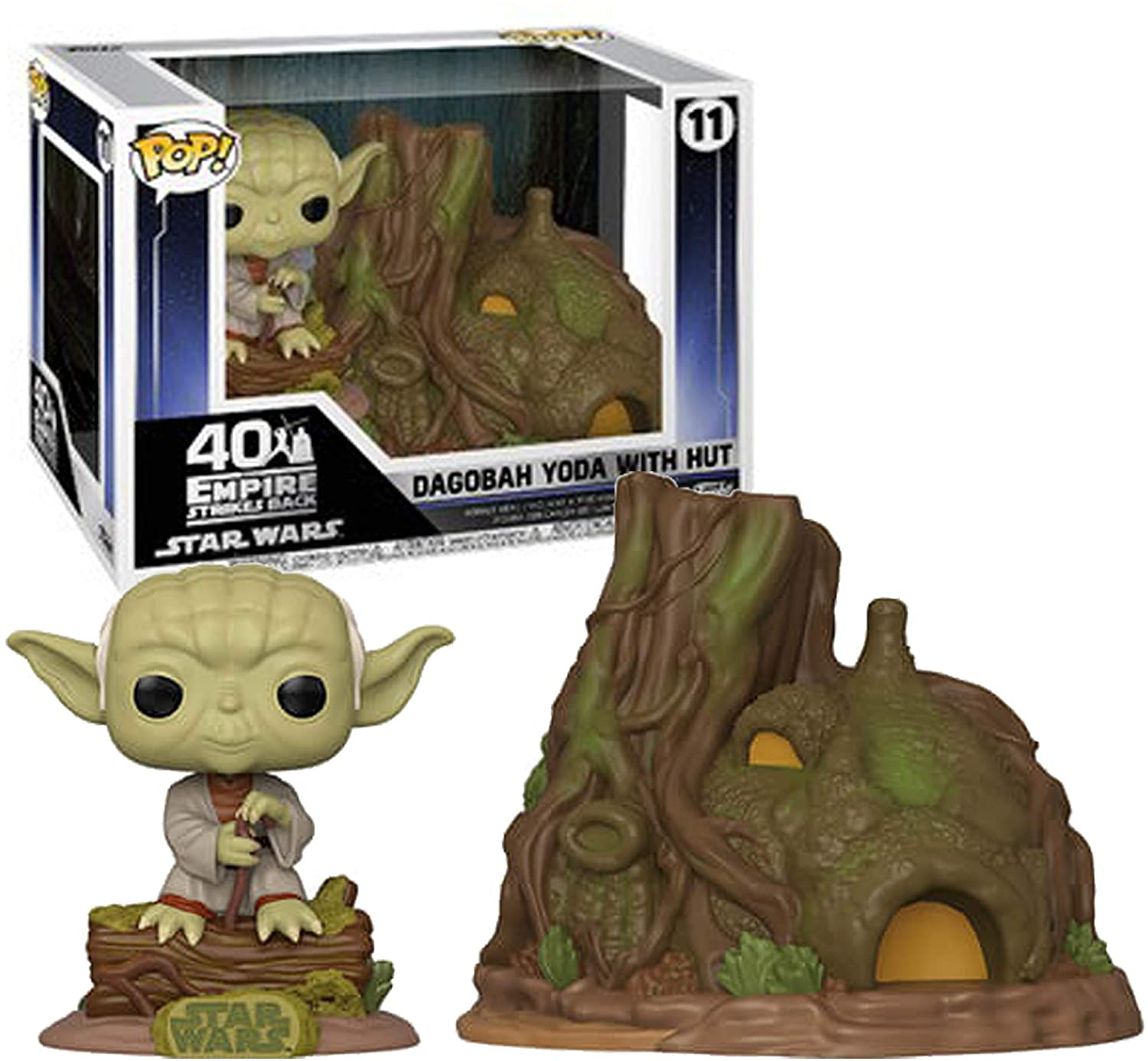 Yoda beeldje met hut, in en uit de doos. Star Wars thema.