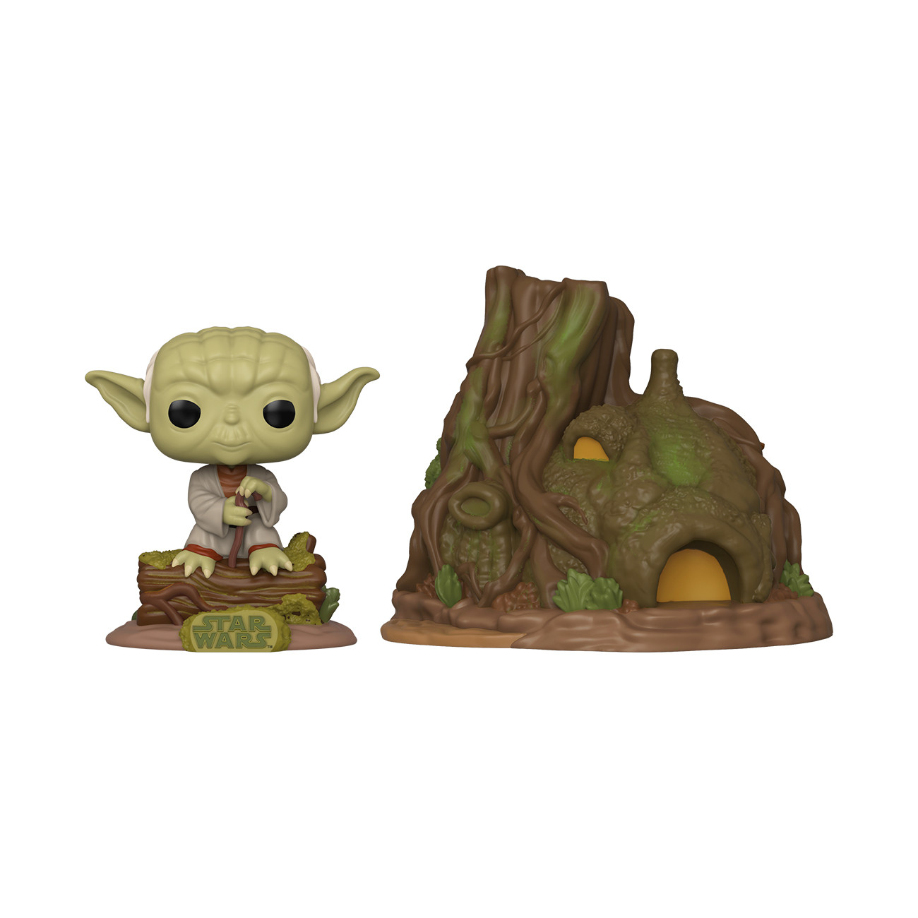 Yoda-beeldje met Star Wars-bord en een boomhut.