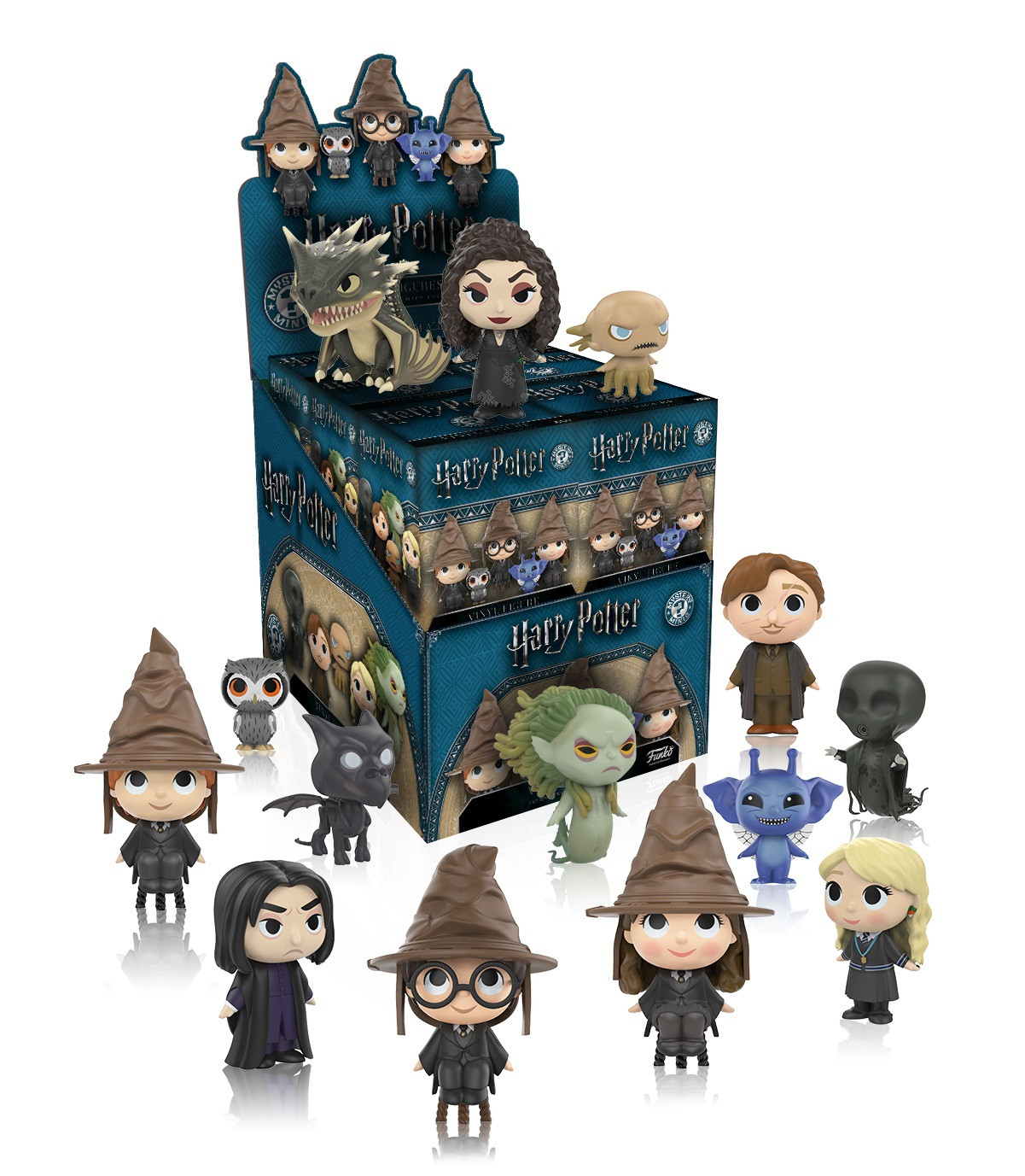 Harry Potter Funko Pop Figuren in einer Box und ausgestellt. Enthält Charaktere aus der Serie.