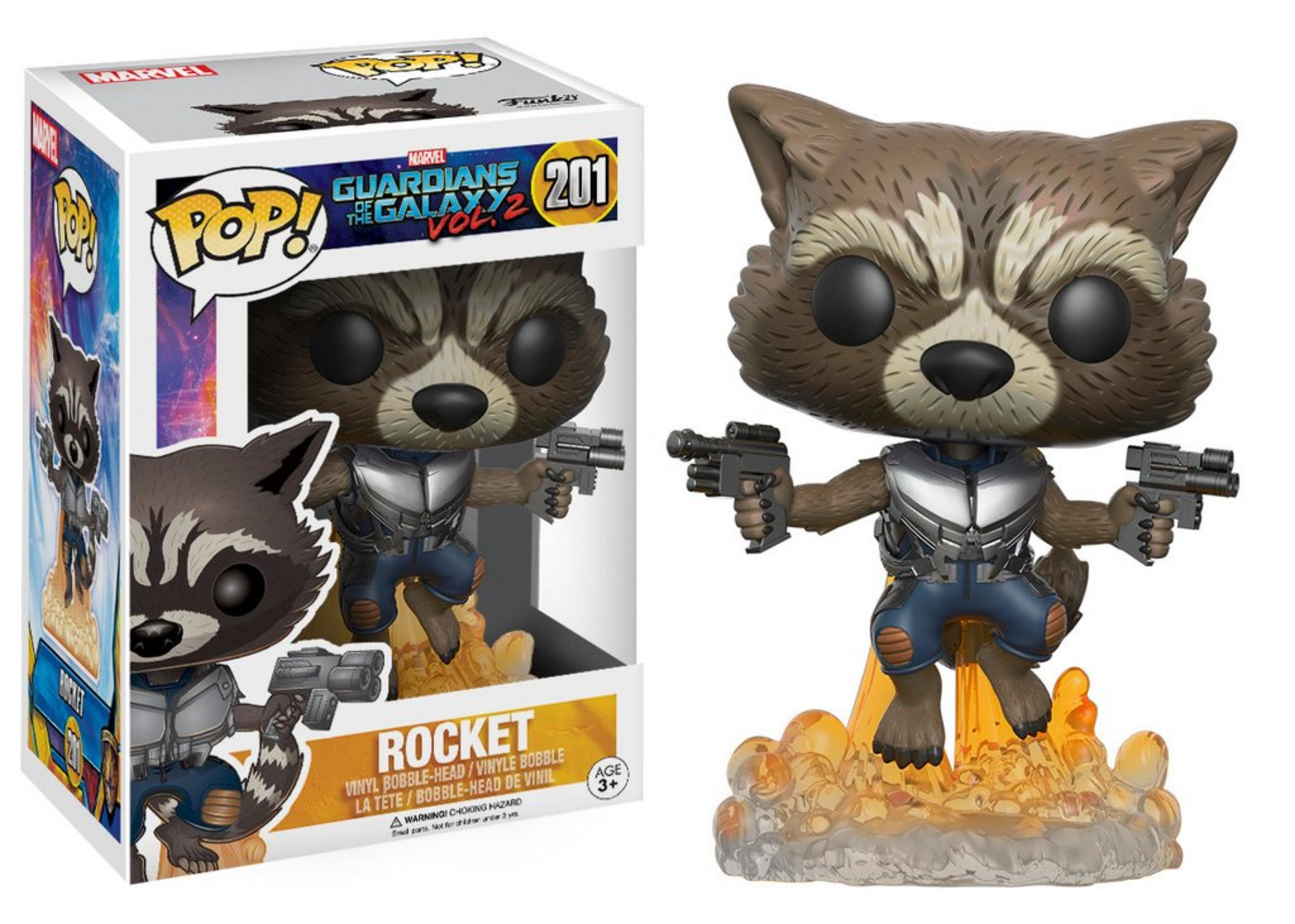 Rocket Funko Pop Figur mit zwei Waffen. Es ist in einer Displaybox mit einem Bild von Rocket.