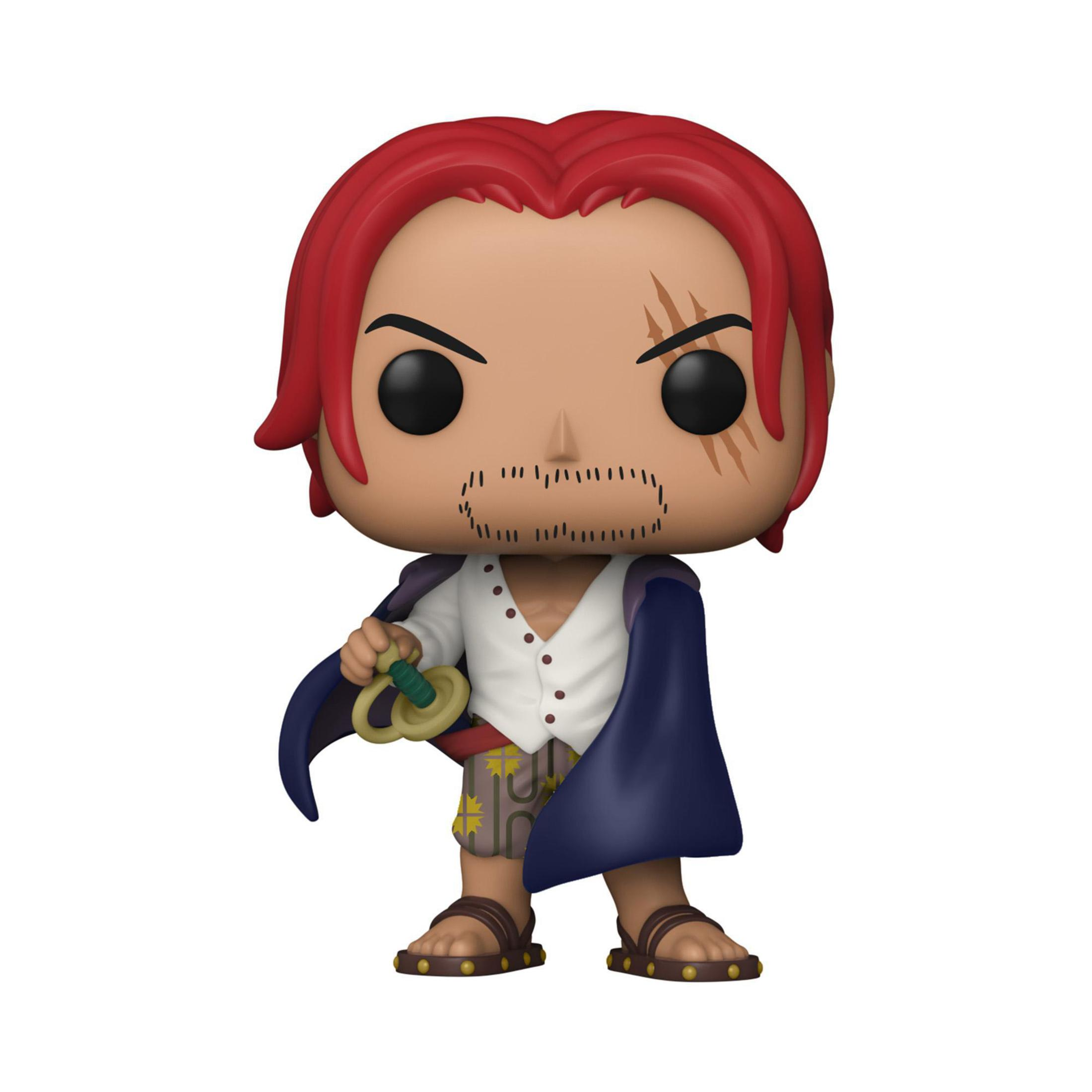 Funko Pop Figur von Shanks aus One Piece, mit Schwert und rotem Haar.