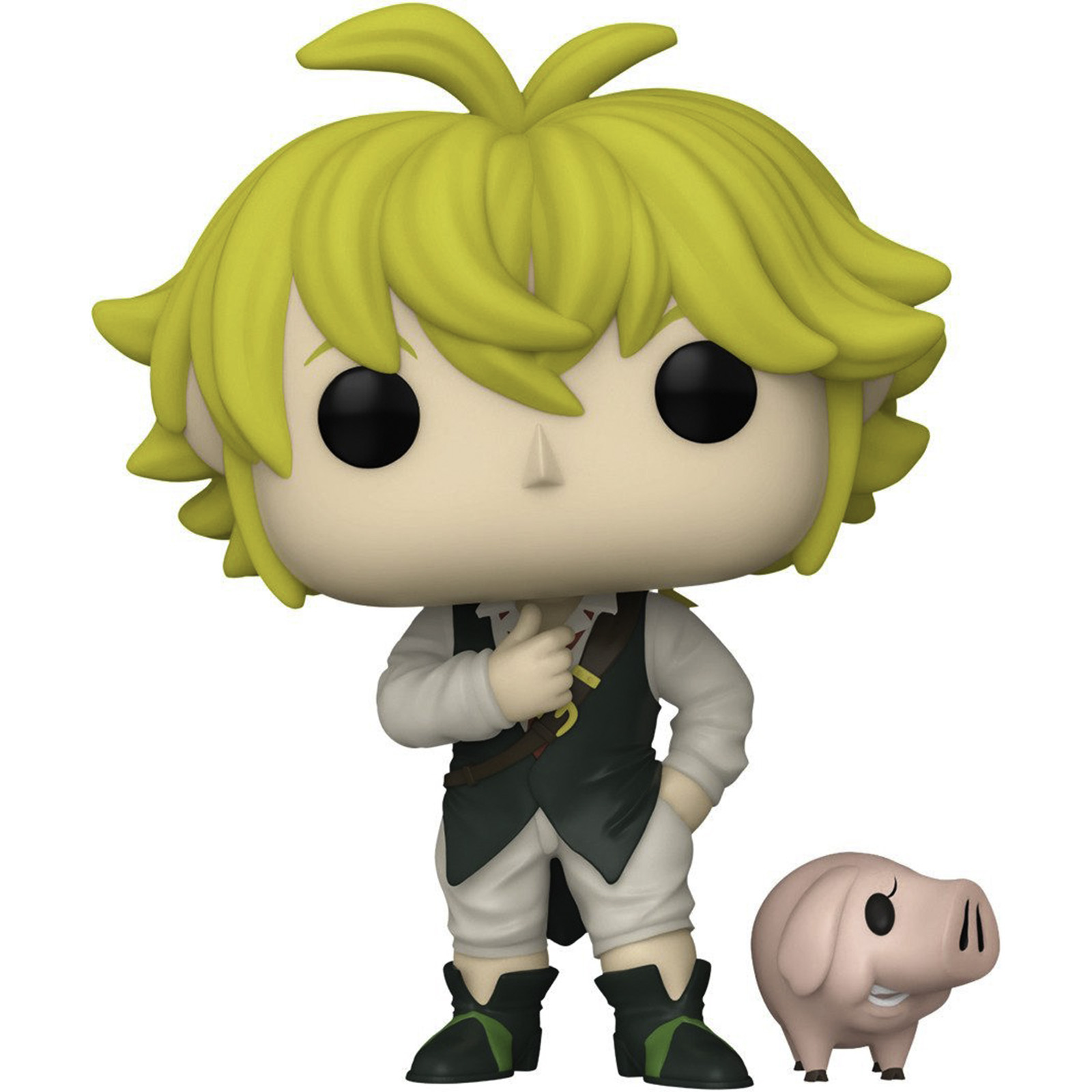 Figurka Meliodasa z figurką świni na białym tle.