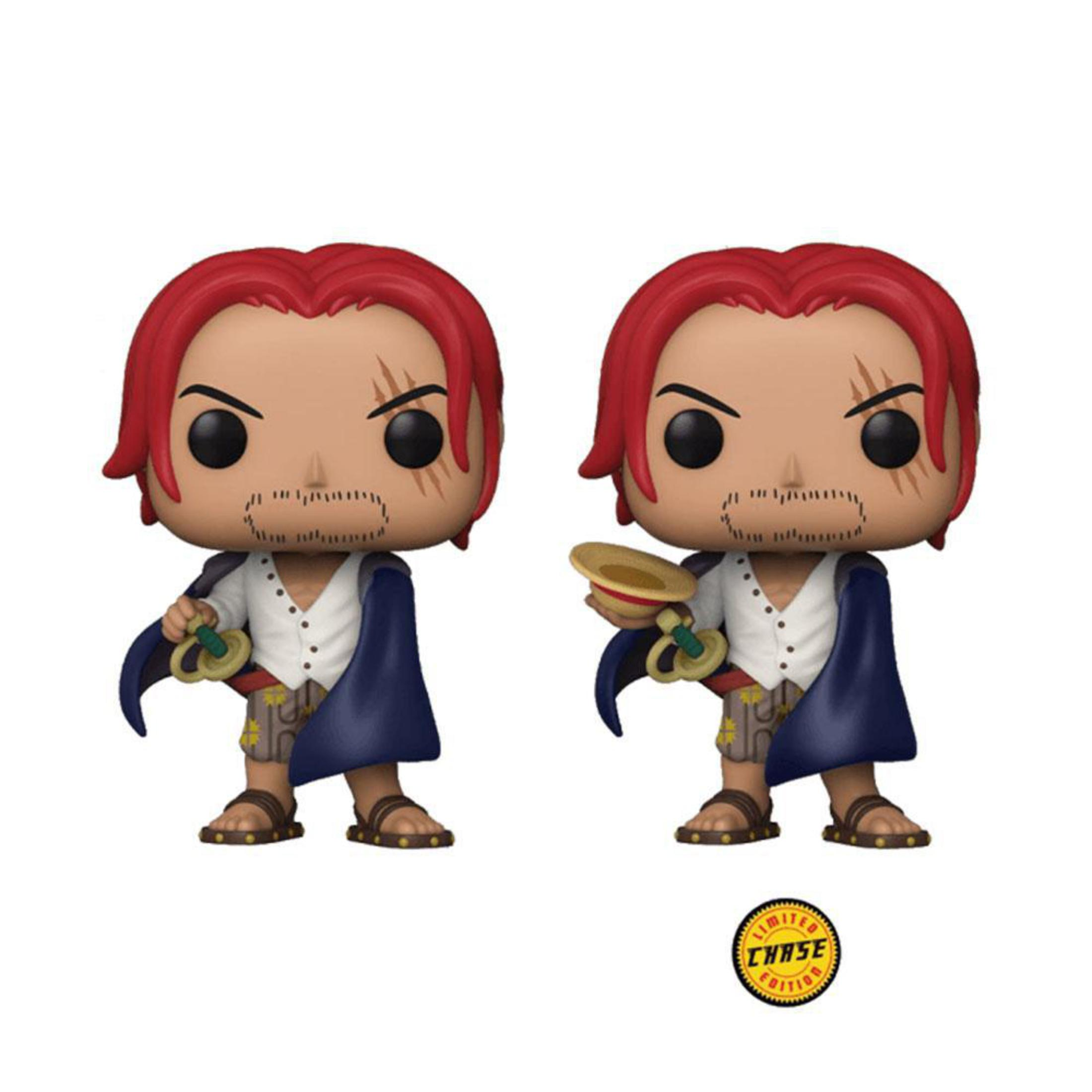 Zwei Funko Pop Figuren von Shanks, mit roten Haaren und einem blauen Umhang. Limitierte Auflage.