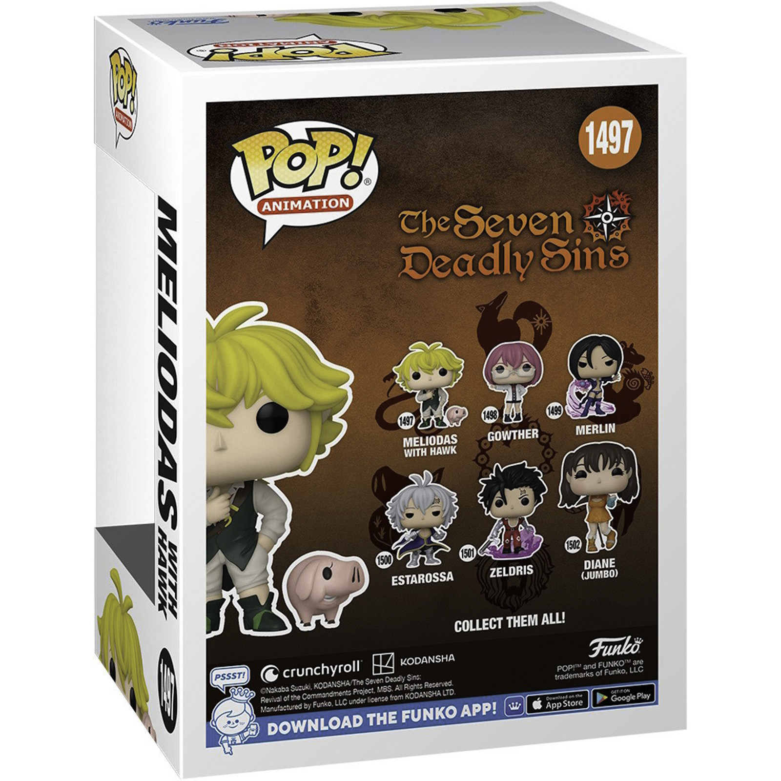 Pudełko figurek Pop! z The Seven Deadly Sins. Widoczna figurka Meliodasa z jastrzębiem.