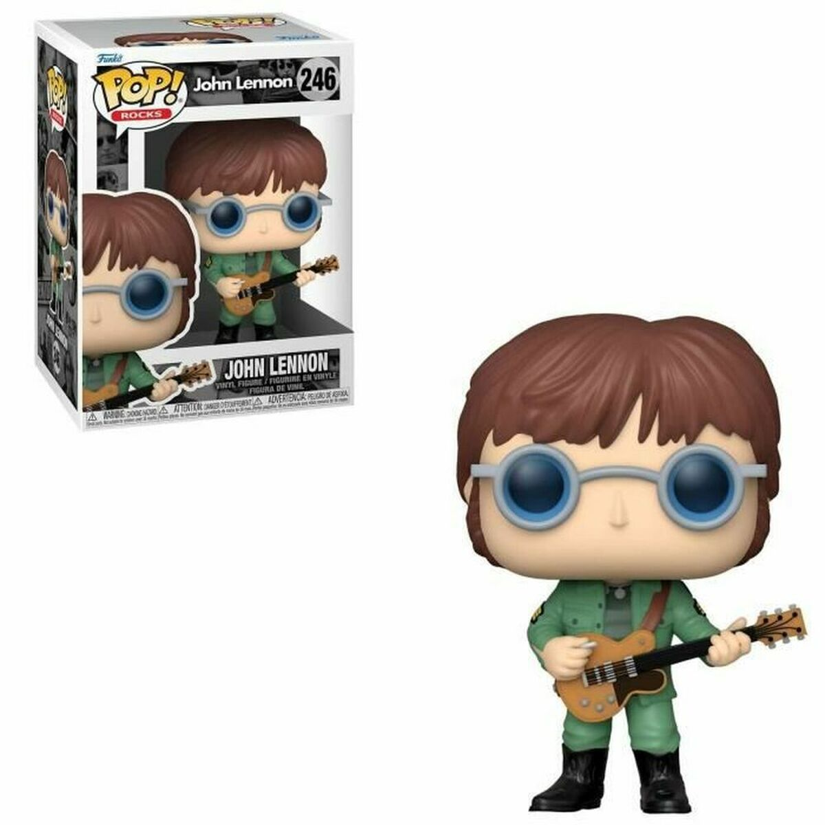 Figurka John Lennon Funko Pop, trzymająca gitarę, w okularach i zielonej kurtce.