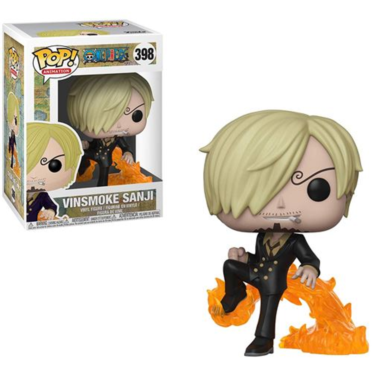 Funko Pop figuur van Vinsmoke Sanji uit One Piece, met vlammen.