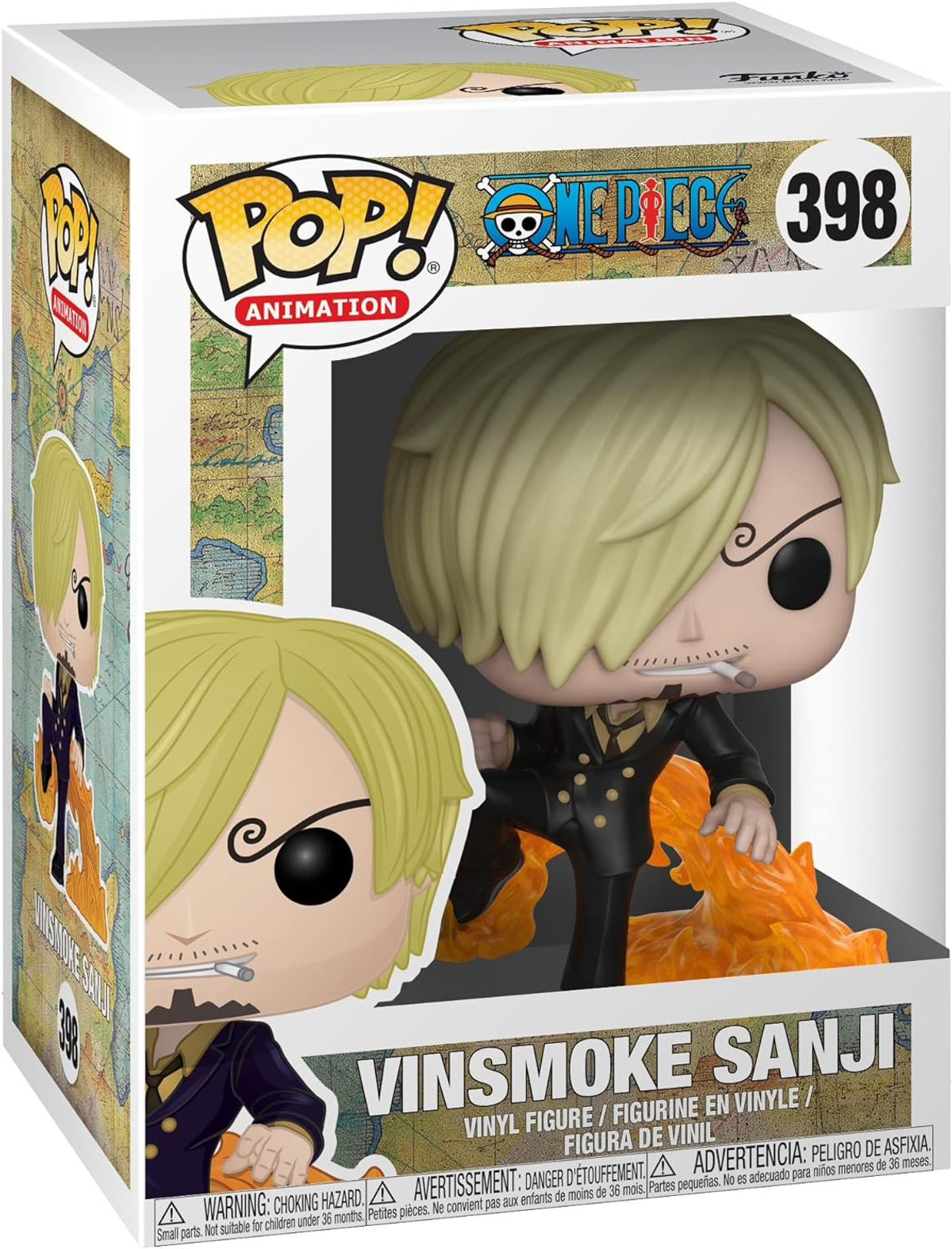 Vinsmoke Sanji-beeldje in een doos. Het beeldje is van een blonde man in een zwart pak. Vlammen om hem heen.