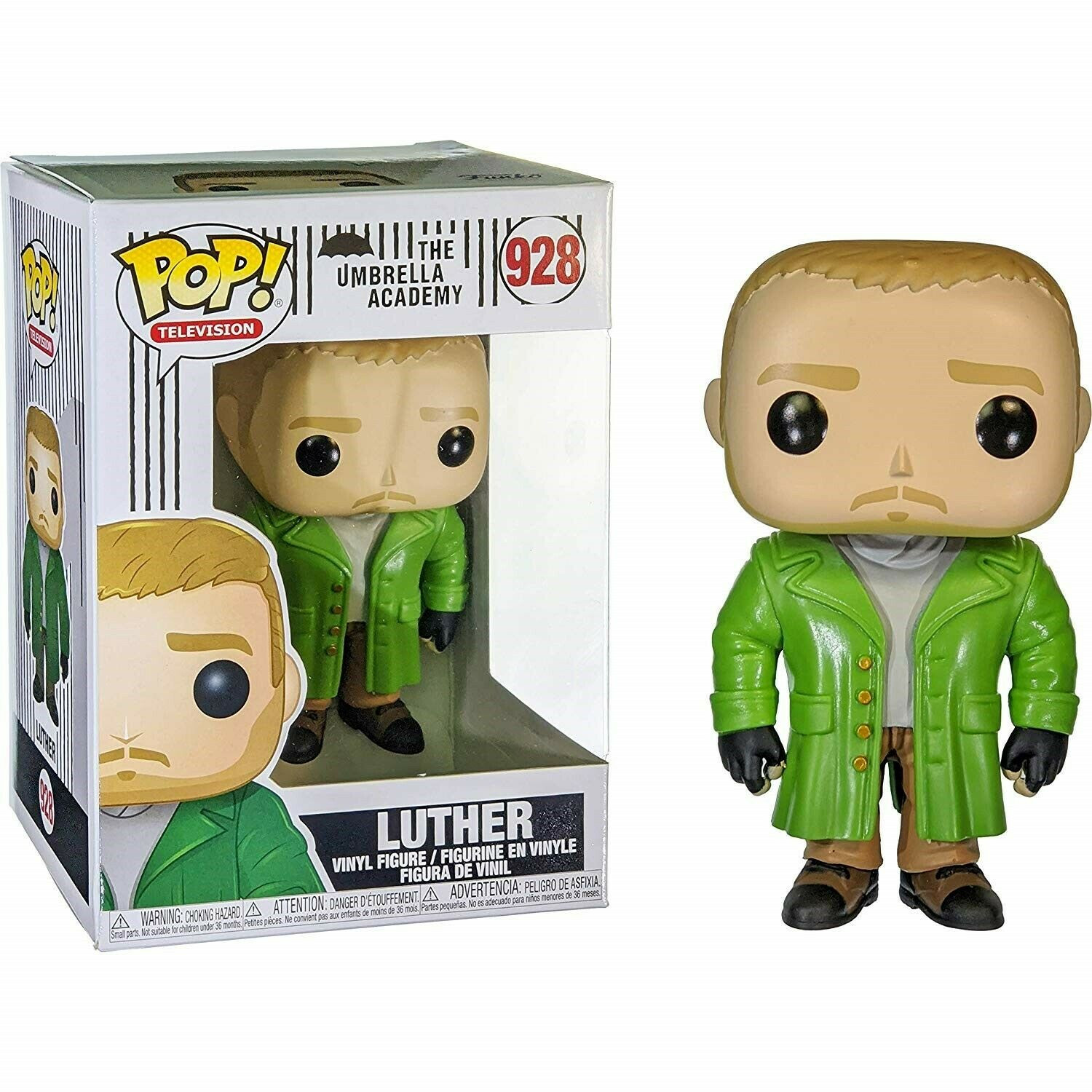 Funko Pop di Luther di The Umbrella Academy, con cappotto verde e scatola.