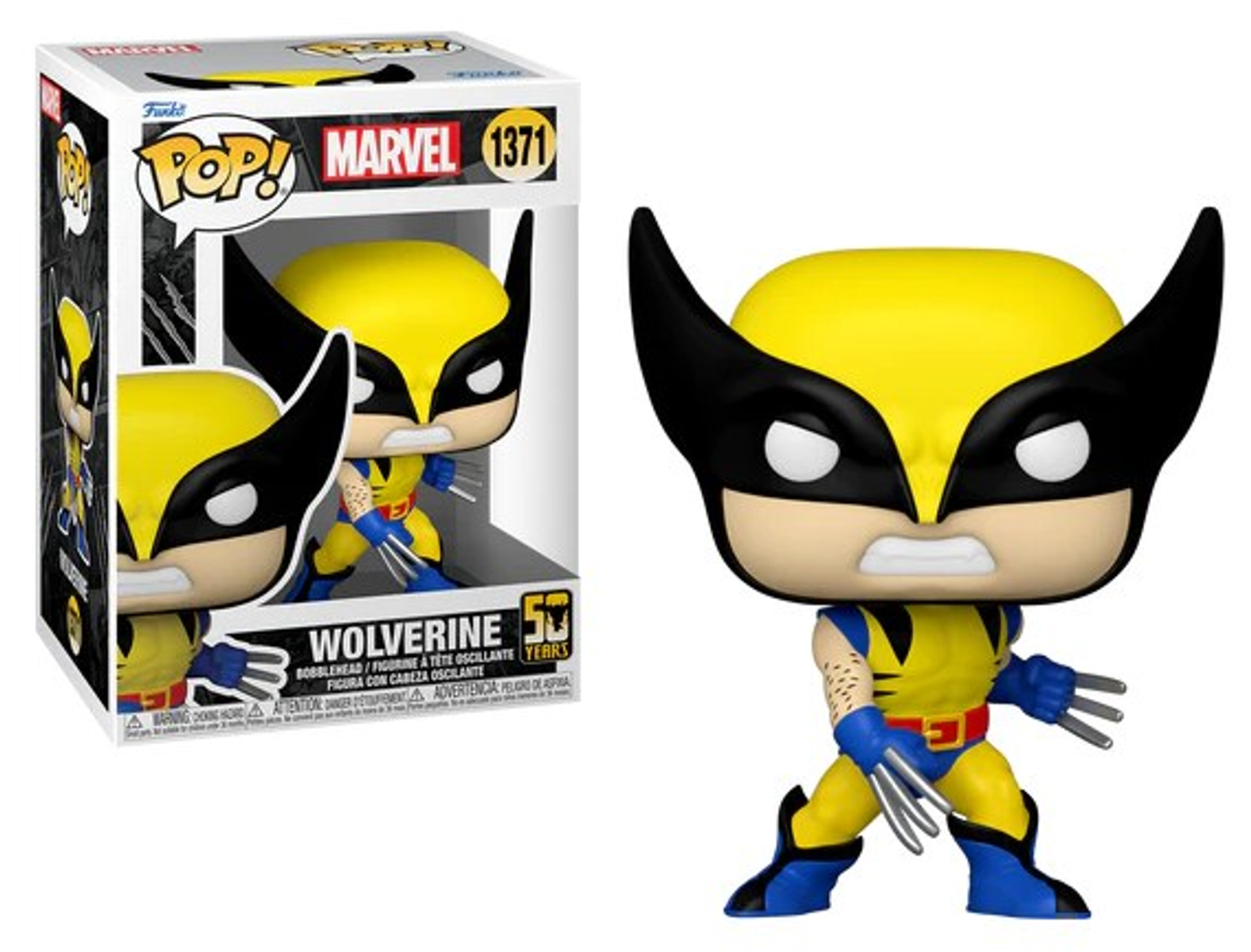 Figura di Wolverine Pop! dentro e fuori dalla scatola. Abito giallo e blu.