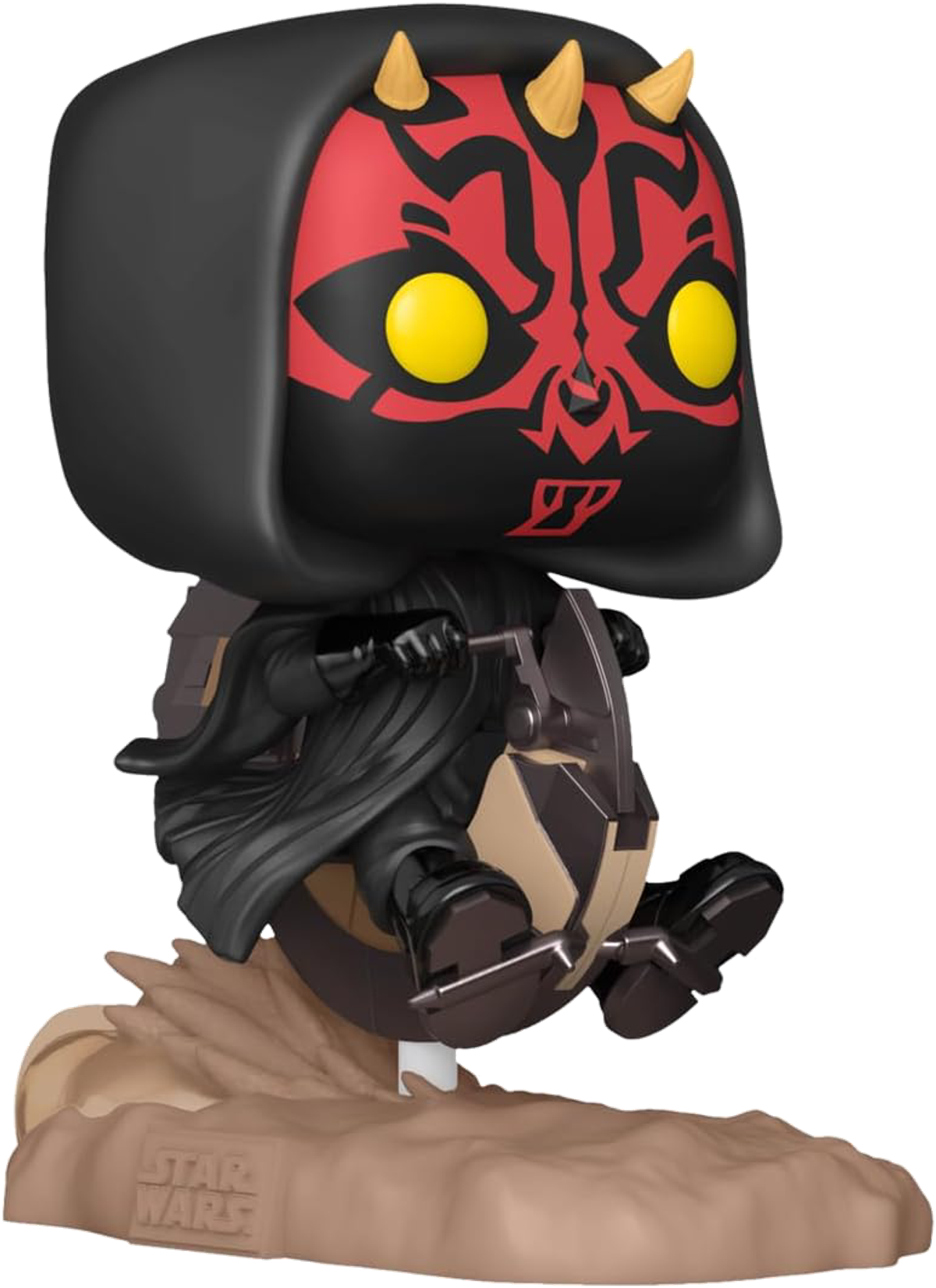 Figura Funko Pop di Darth Maul su una Speeder Bike. Rosso e nero con occhi gialli.