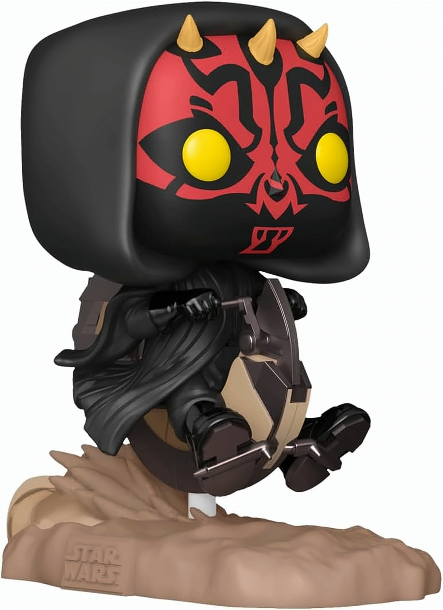 Una figura Funko Pop di Darth Maul su un veicolo con un logo di Star Wars.