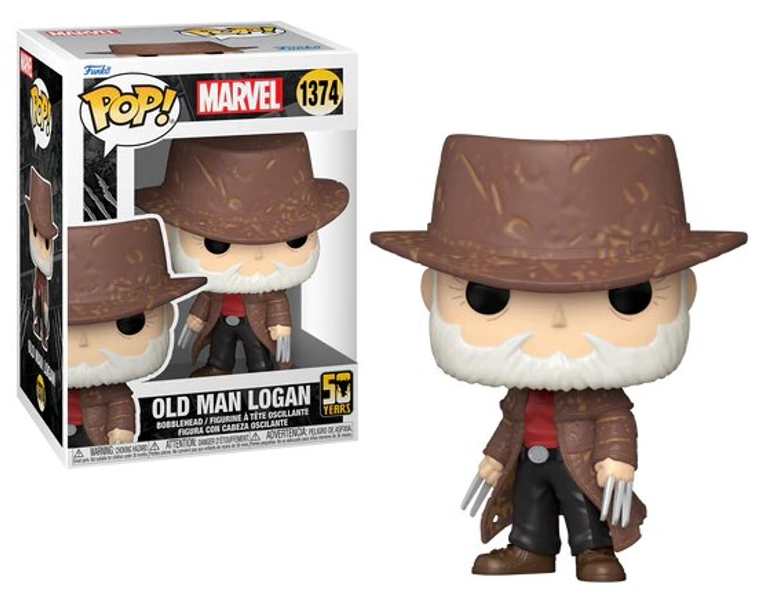 Funko Pop di Old Man Logan con cappello e cappotto marroni, con artigli estesi.