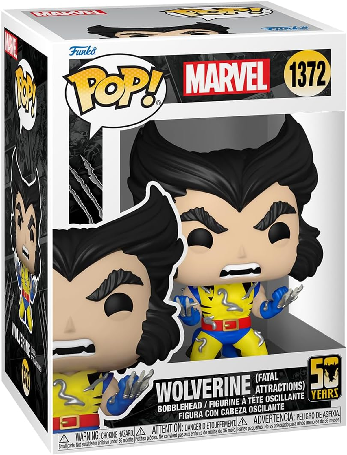 Figura Funko Pop di Wolverine in una scatola. La figura indossa un costume giallo e blu.