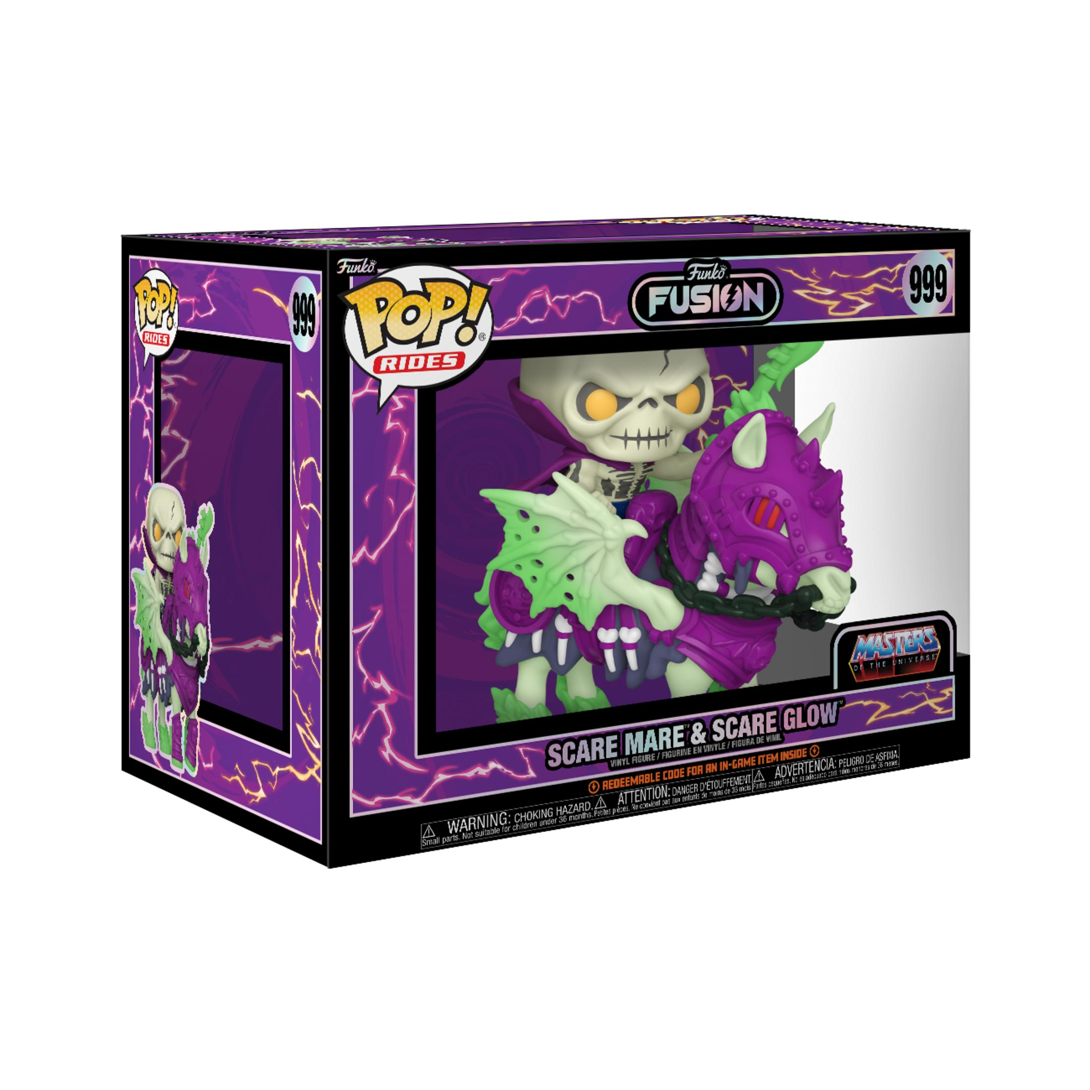 Funko Pop Scare Mare i Scare Glow na koniu. Obydwa są fioletowe i zielone.