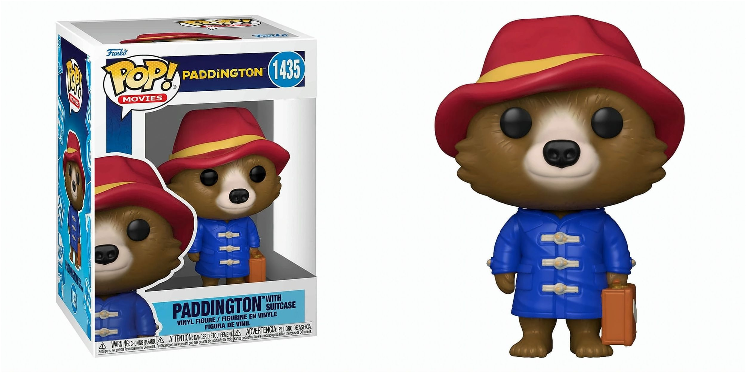 Una scatola Funko Pop con una figura di Paddington Bear con cappello rosso e cappotto blu.
