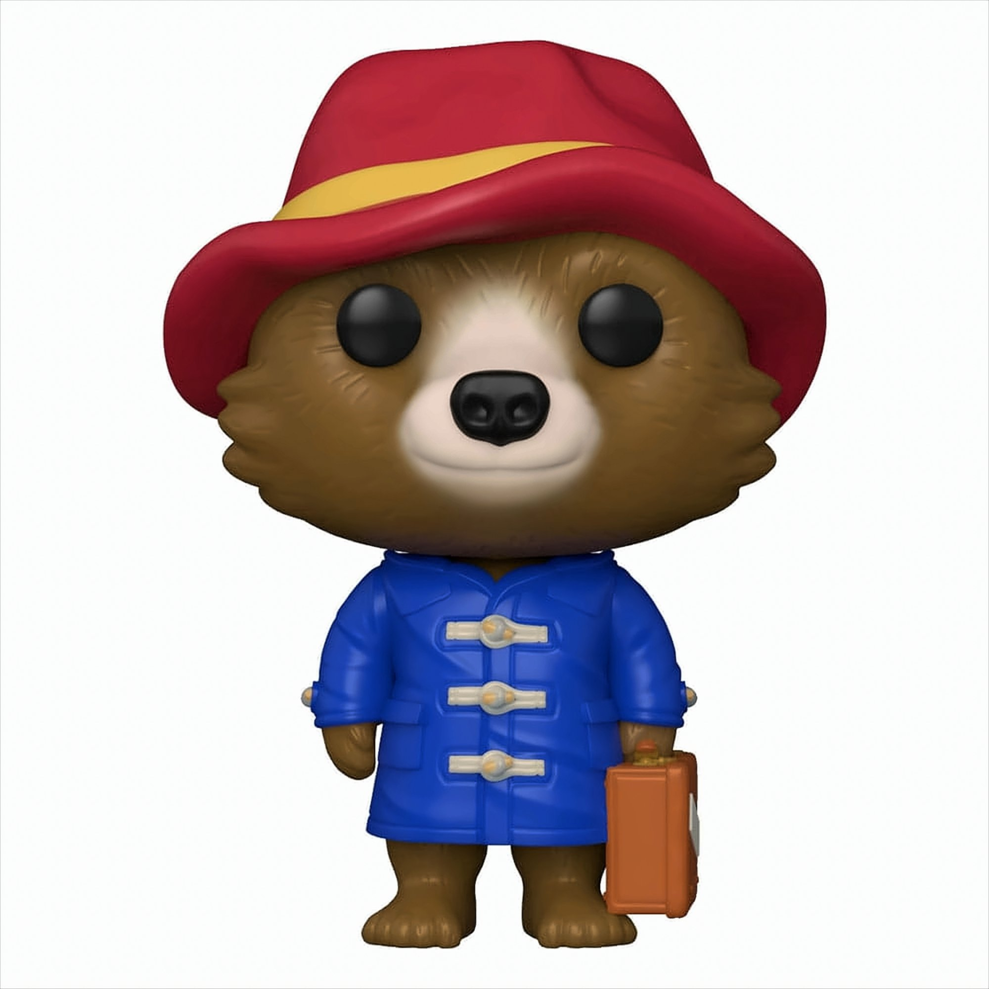 Figurina di Paddington Bear con cappello rosso e cappotto blu, con una valigia. Faccia da orso bruno.