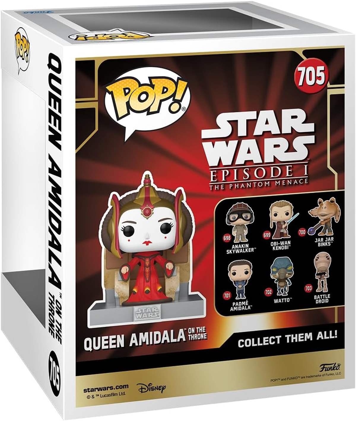Scatola Funko Pop della Regina Amidala. La figura è all'interno. La scatola presenta il marchio Star Wars e altre immagini di personaggi.
