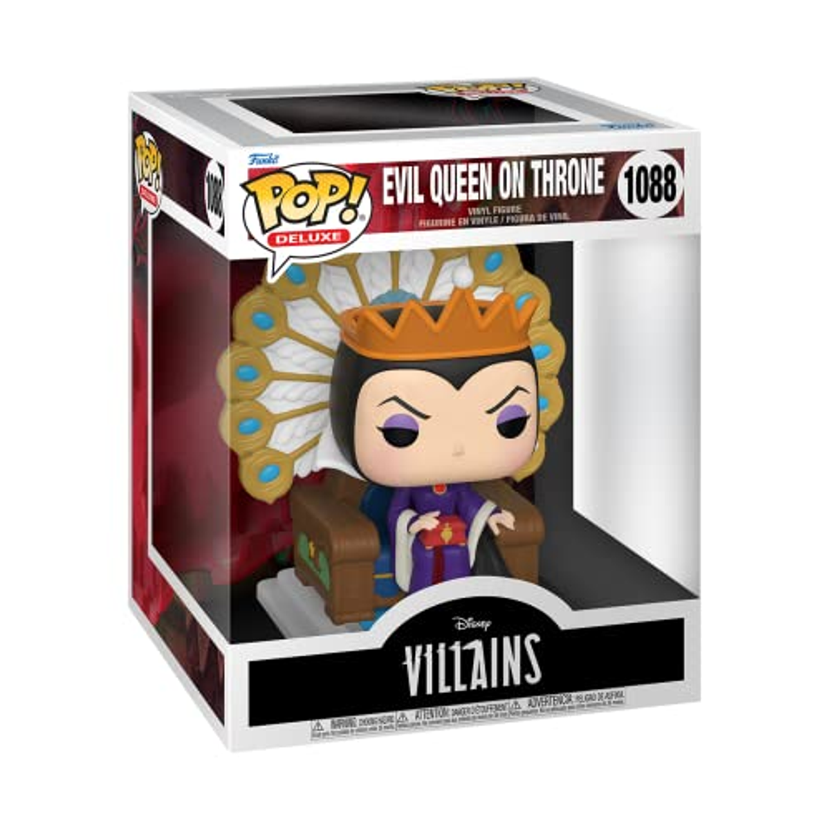 Funko Pop Złej Królowej na tronie, w pudełku wystawowym z marką Disney Villains.