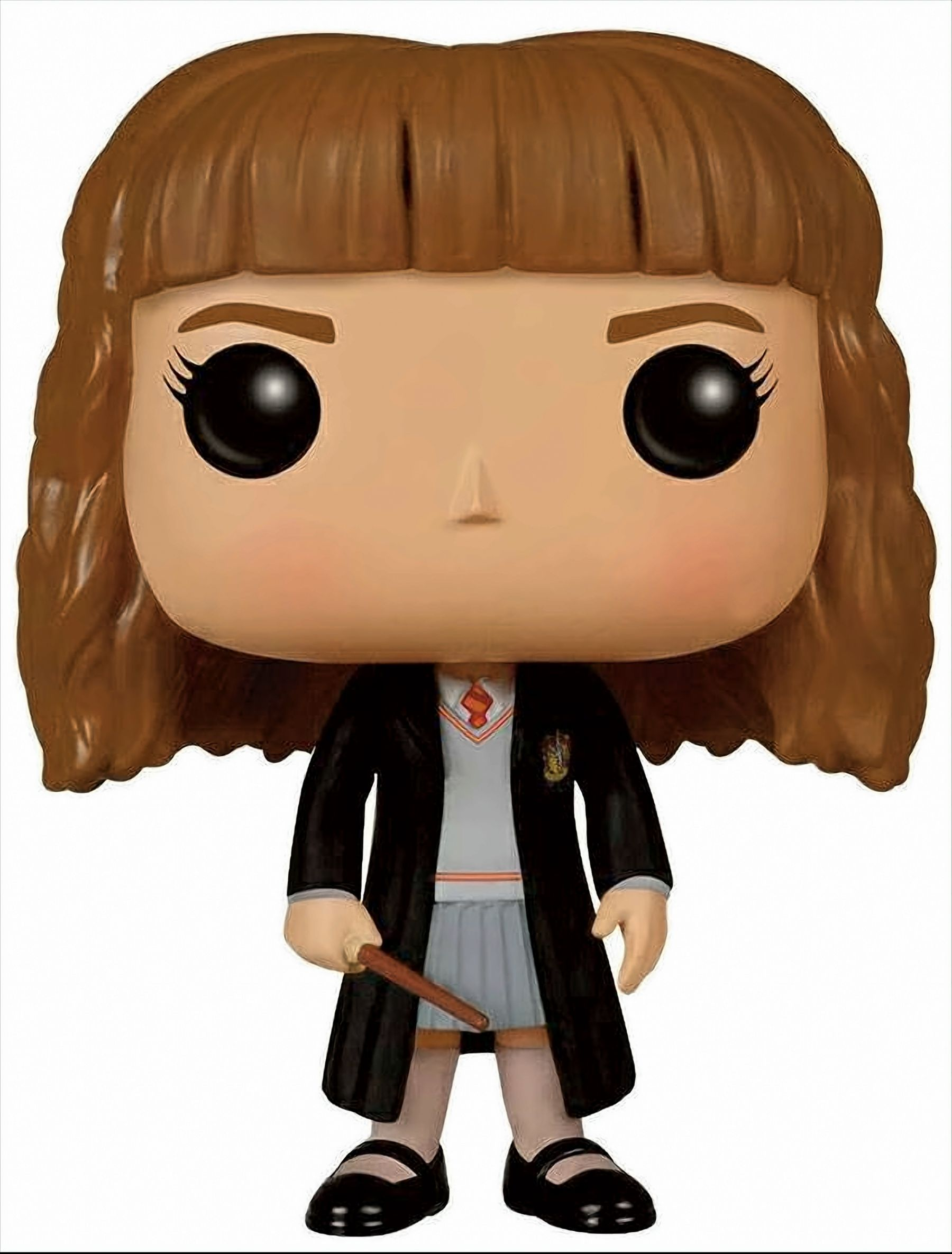 Funko Pop Hermiony Granger trzymającej różdżkę, w mundurze i czarnej szacie.