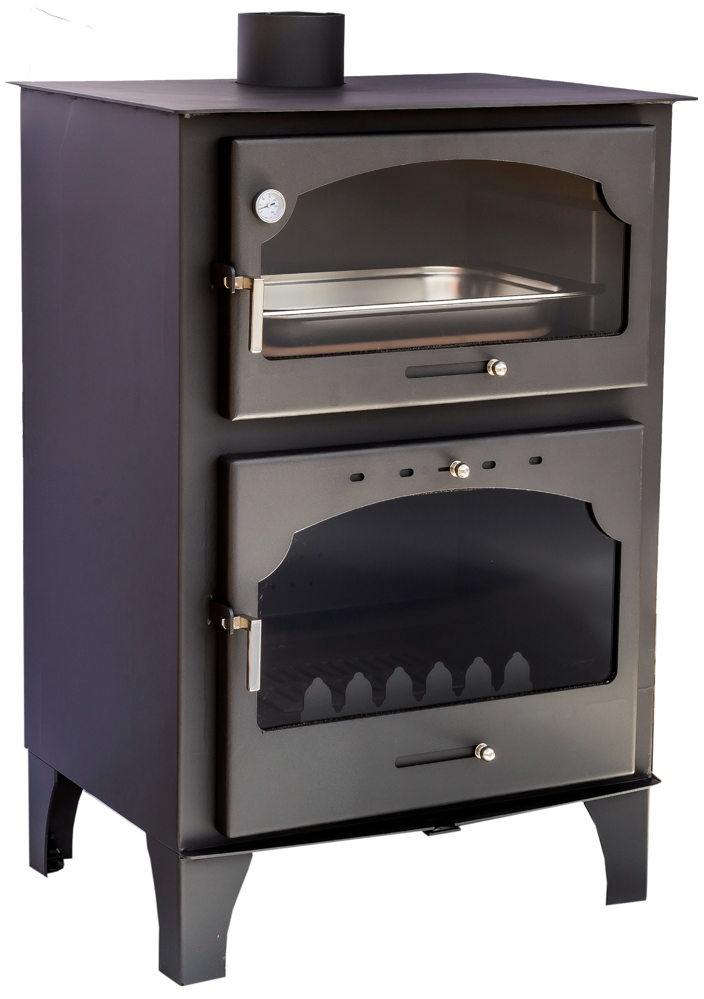 Estufa de leña de metal negro con puertas de vidrio. Tiene una chimenea y un termómetro.