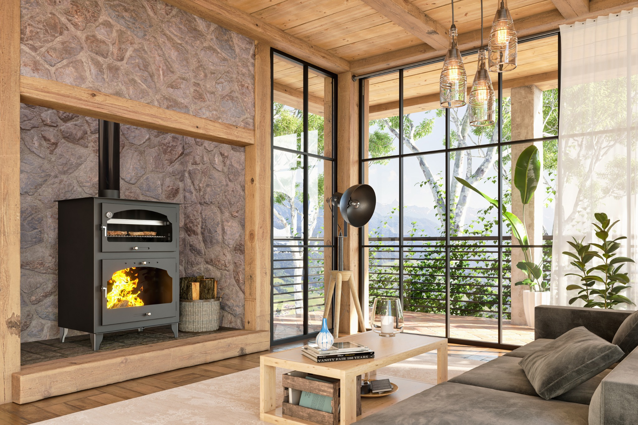 Un salón acogedor con chimenea, pared de piedra, vigas de madera, grandes ventanas y un sofá.