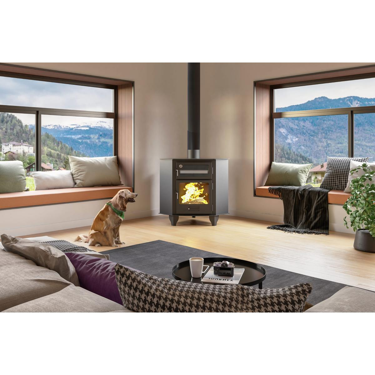 Una sala de estar con chimenea, perro y ventanas con vistas a una montaña.