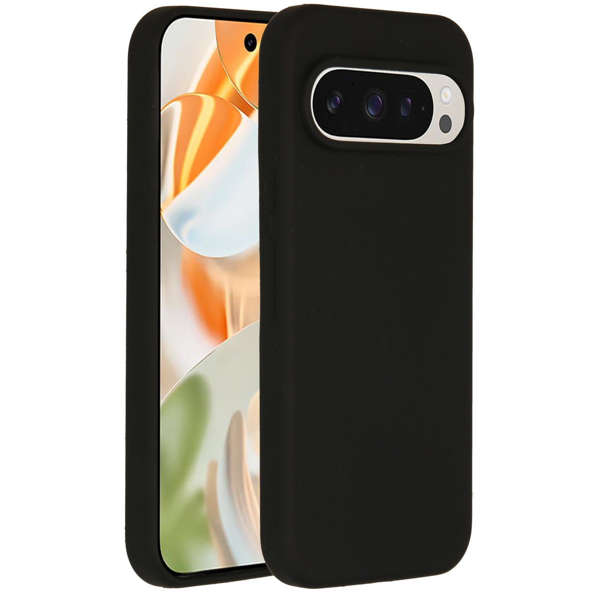 Coque de téléphone noire avec découpe pour appareil photo, couvrant un téléphone noir et blanc.