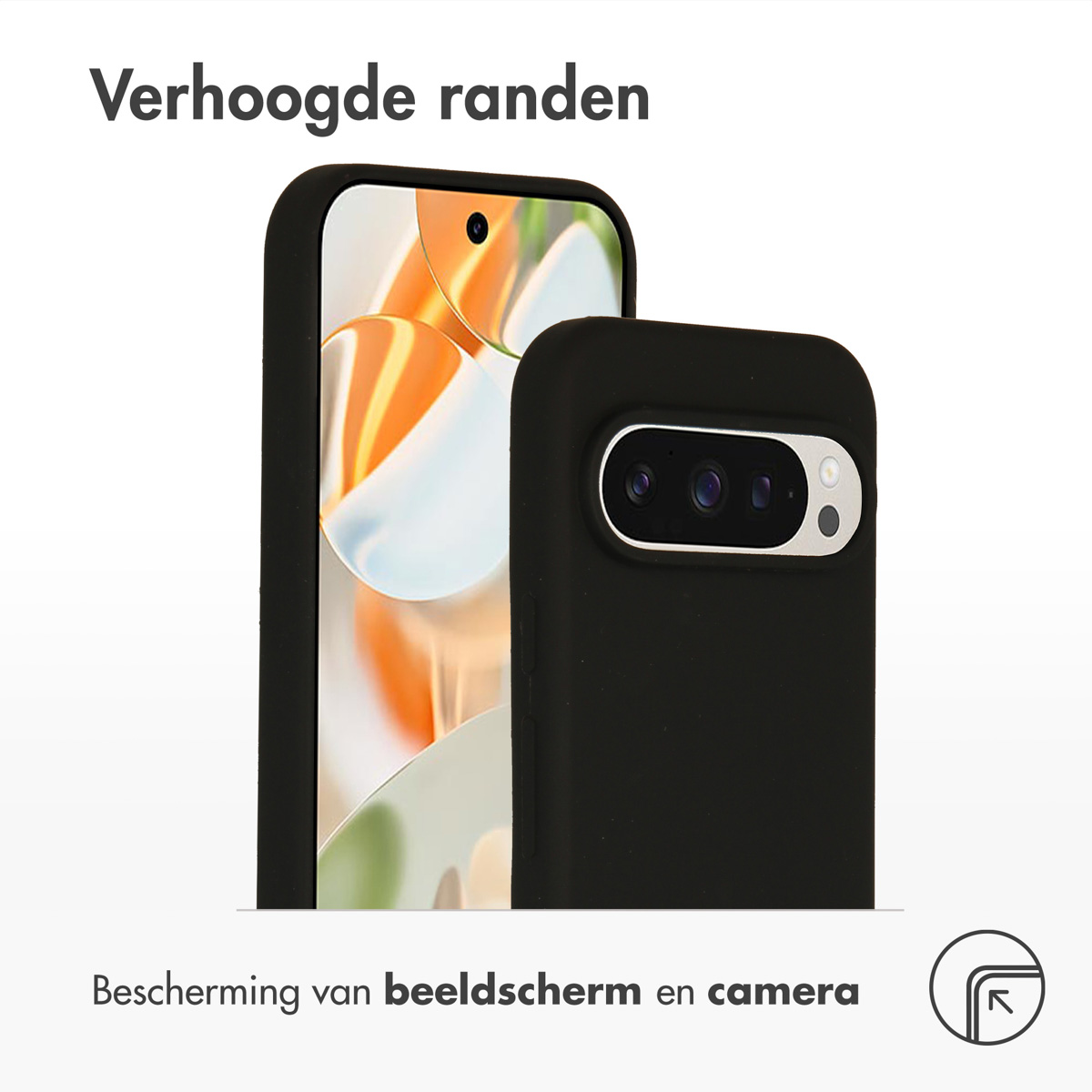 Deux téléphones noirs dans des étuis noirs. Texte en néerlandais : 'Bords surélevés', 'Protection écran et caméra'.
