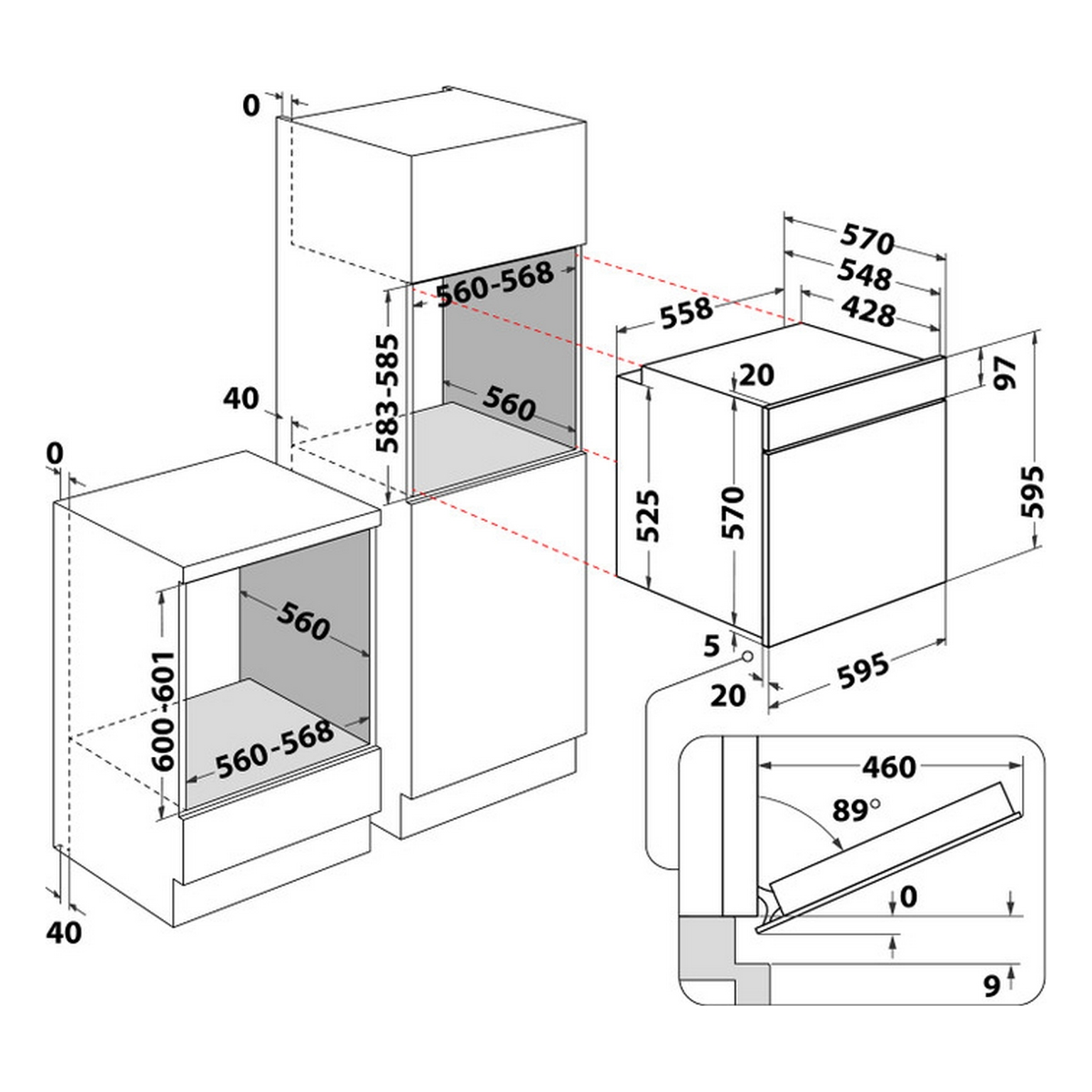 Diagramma di un forno a incasso e di un armadio, con dimensioni in linee e numeri bianchi.