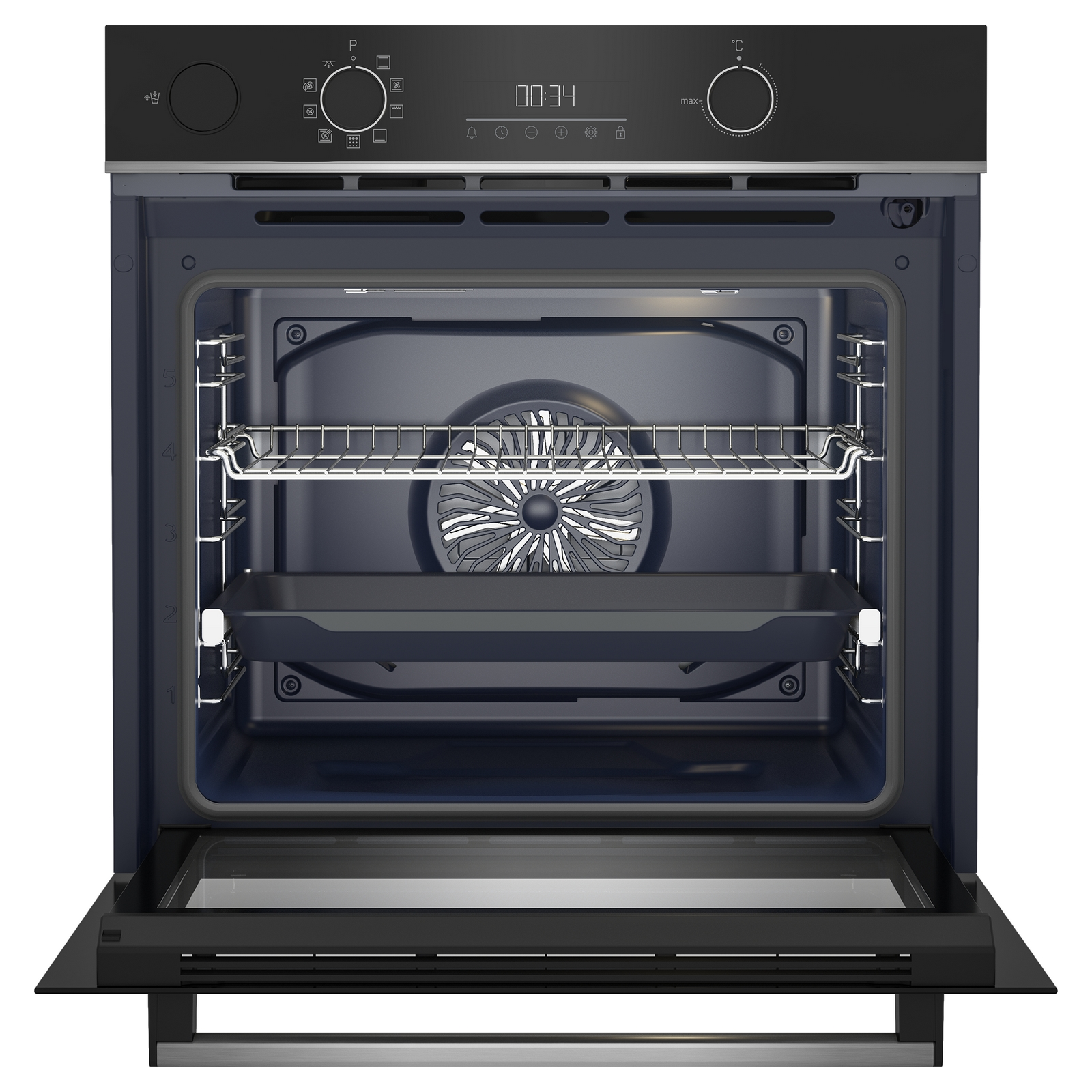 Un forno aperto con ripiani, ventola e una teglia visibile all'interno.