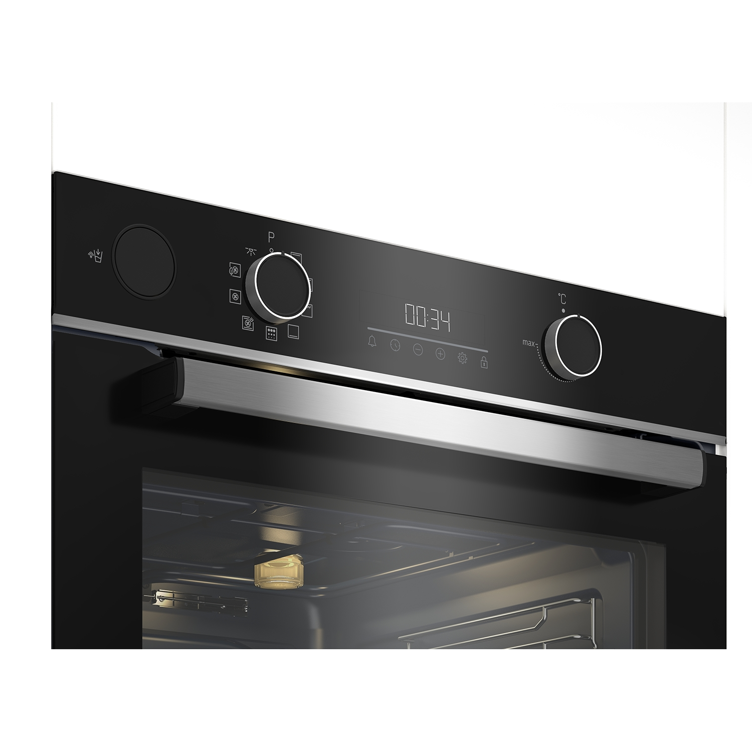 Forno nero con display digitale che mostra l'ora e i comandi della temperatura. Una barra di metallo è sopra la porta del forno.