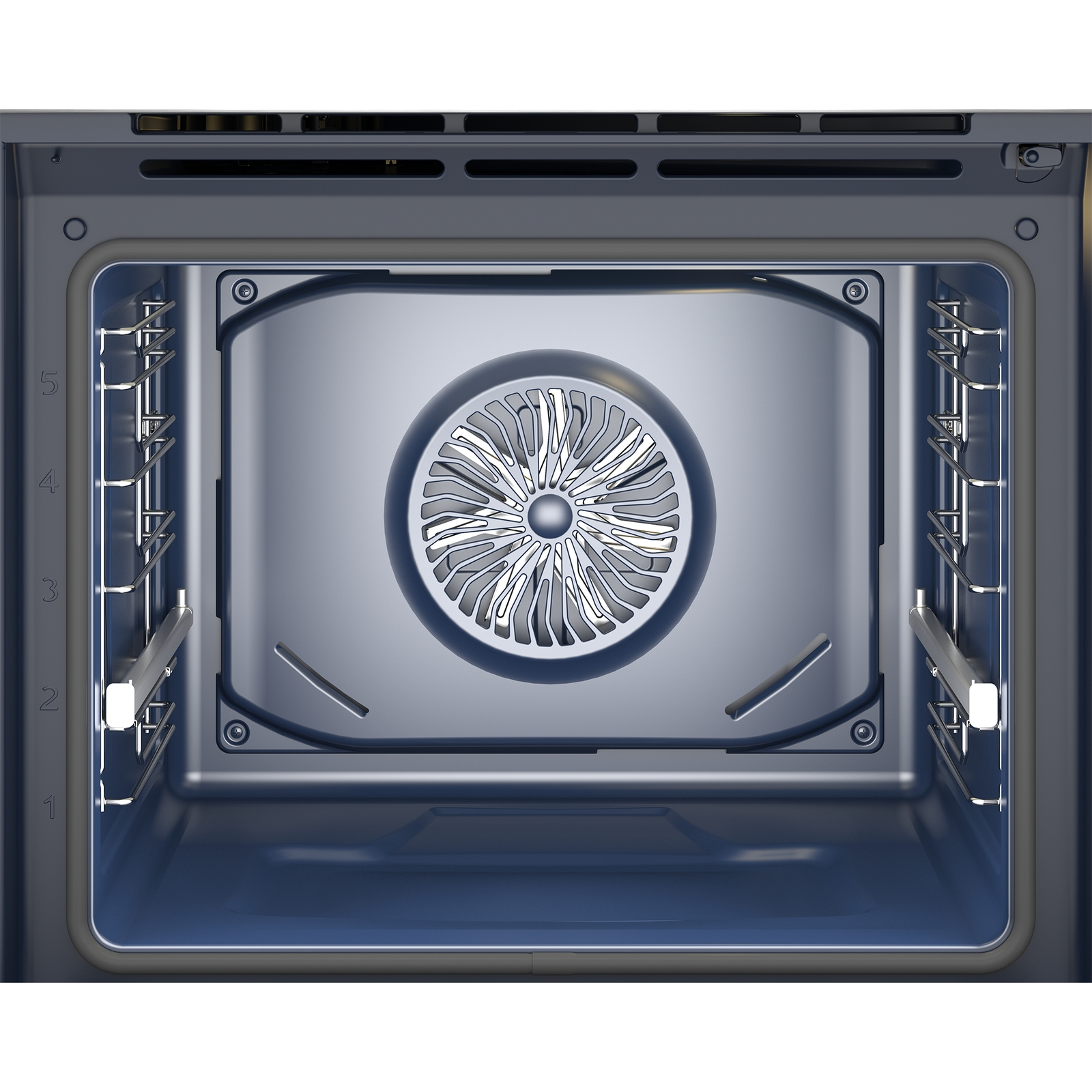 Interno di un forno, con una ventola al centro, griglie bianche e interno blu.
