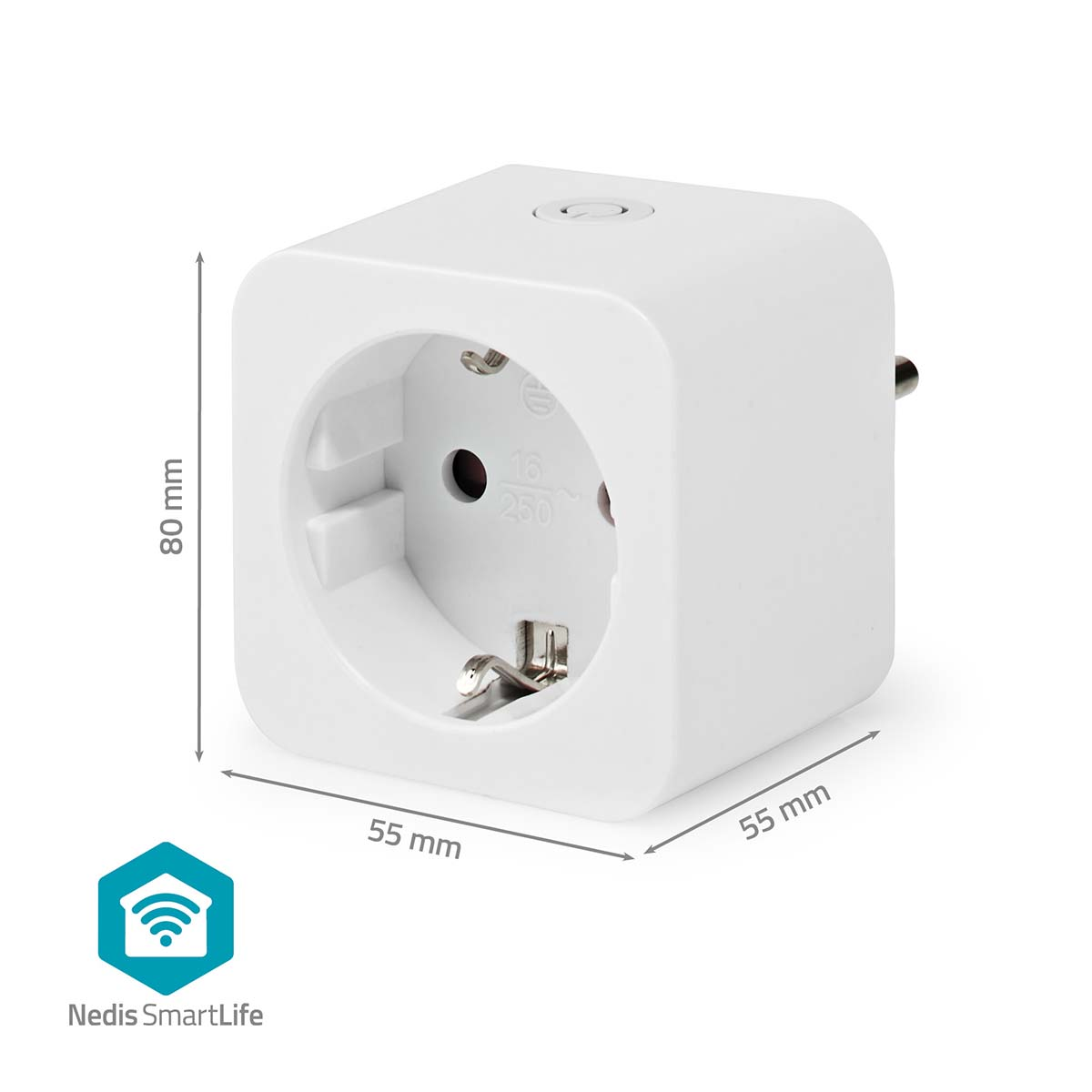 White smart plug, 55x55x80mm, with a Wi-Fi logo, and dimensions in mm.