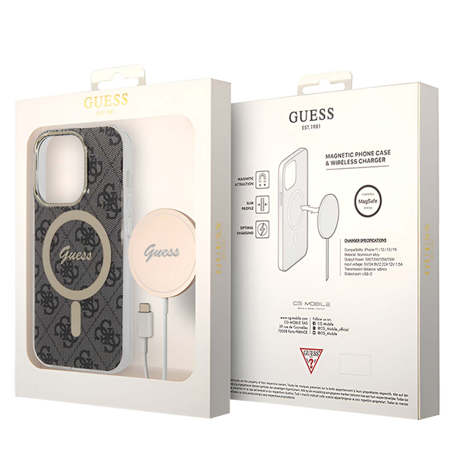 Scatola della custodia per telefono GUESS con un caricatore magnetico e una custodia con il logo GUESS.