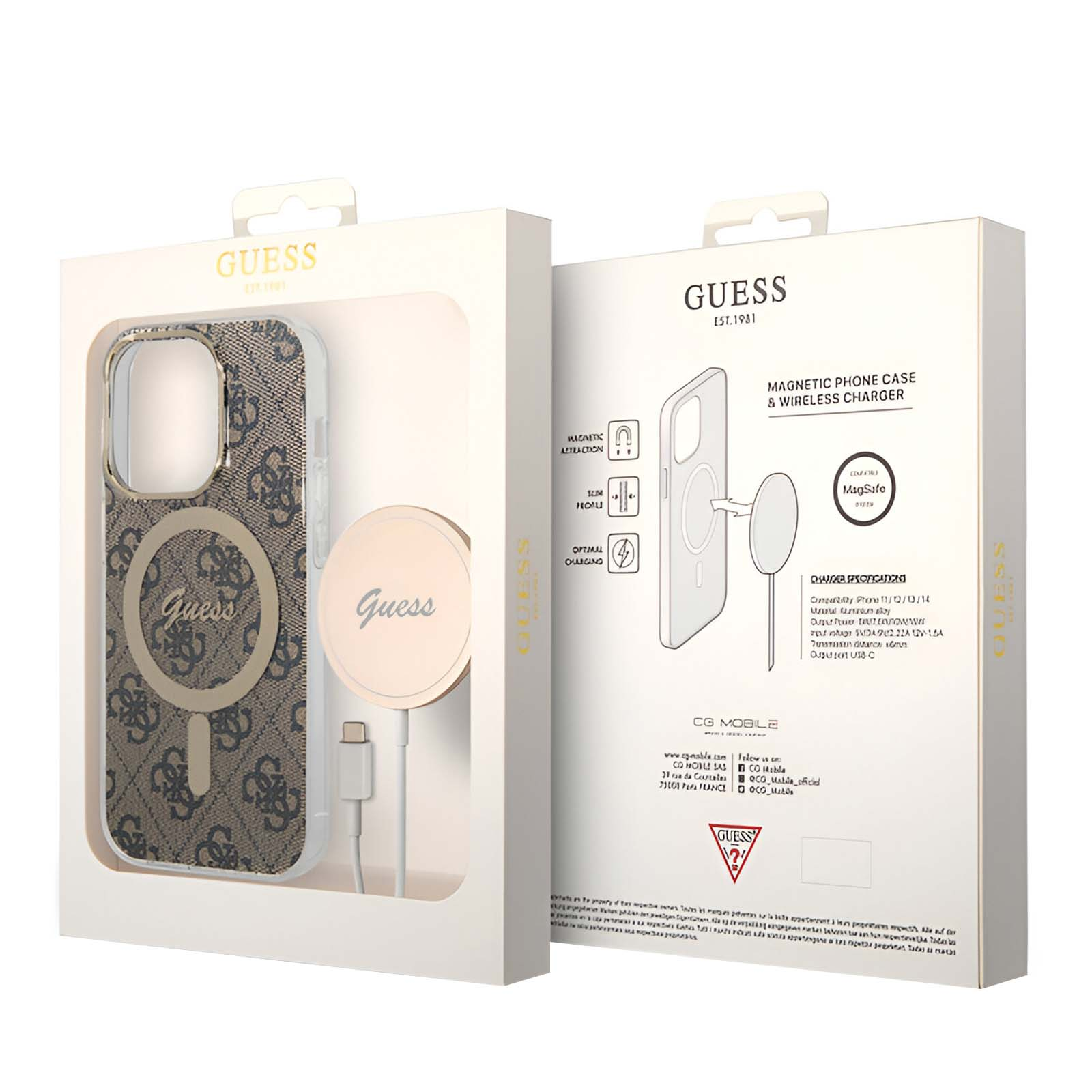 Ein Guess-Handyhülle und kabelloses Ladegerät-Set in einer Box, mit Telefon und Ladegerät.