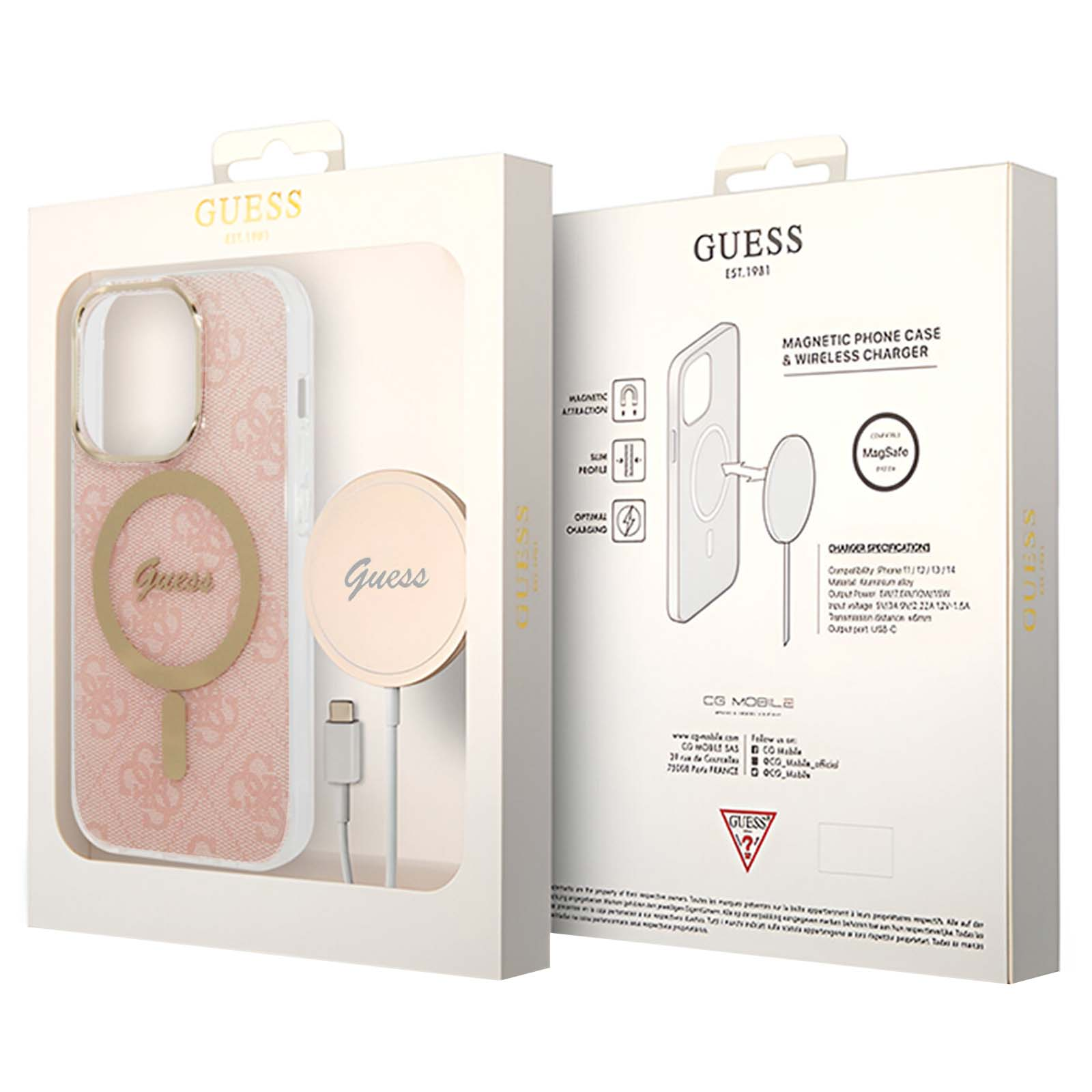 Una custodia per telefono Guess con un caricabatterie su sfondo bianco, in una scatola.