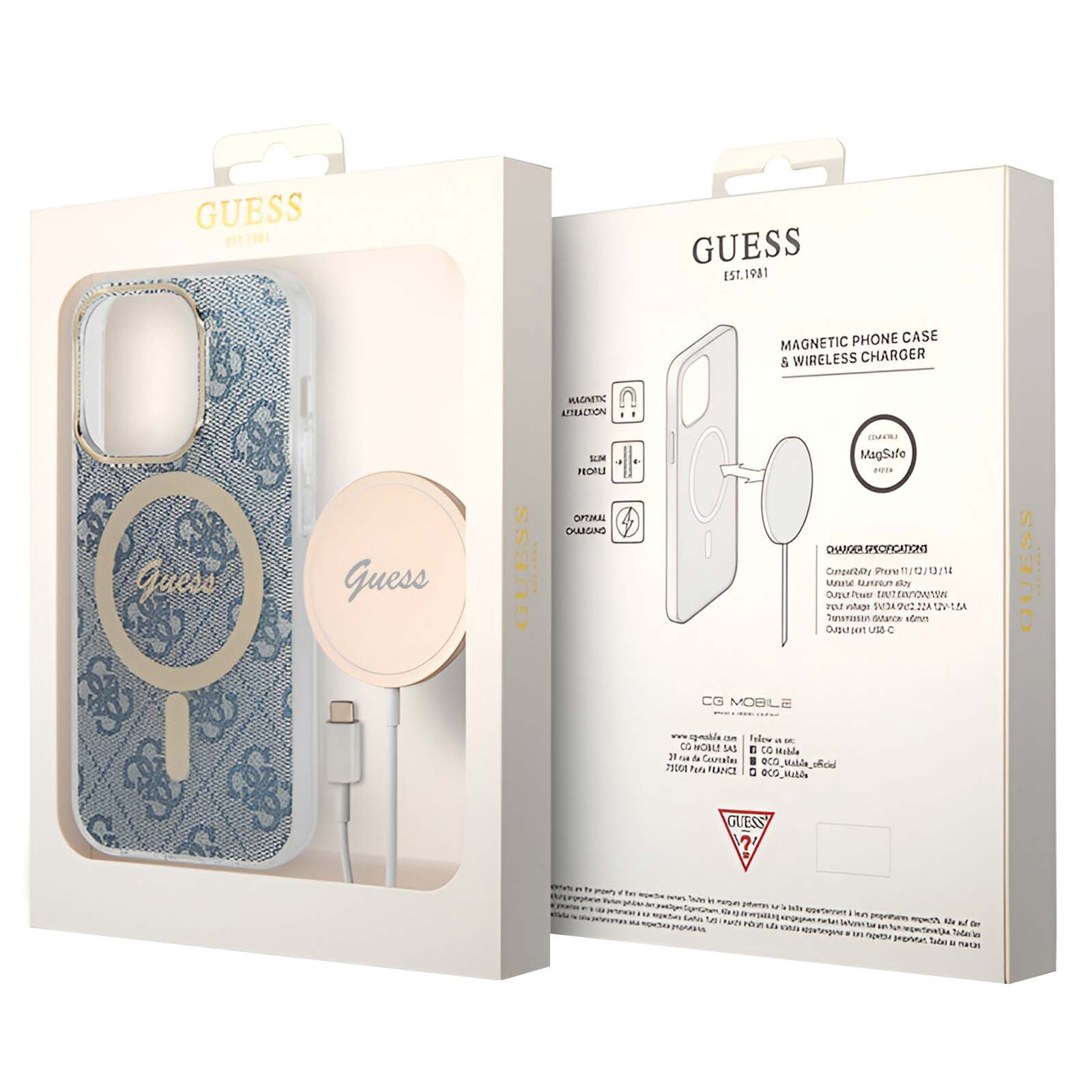 Custodia per telefono in scatola, con caricatore wireless. Marchio Guess. La scatola ha dettagli e specifiche.