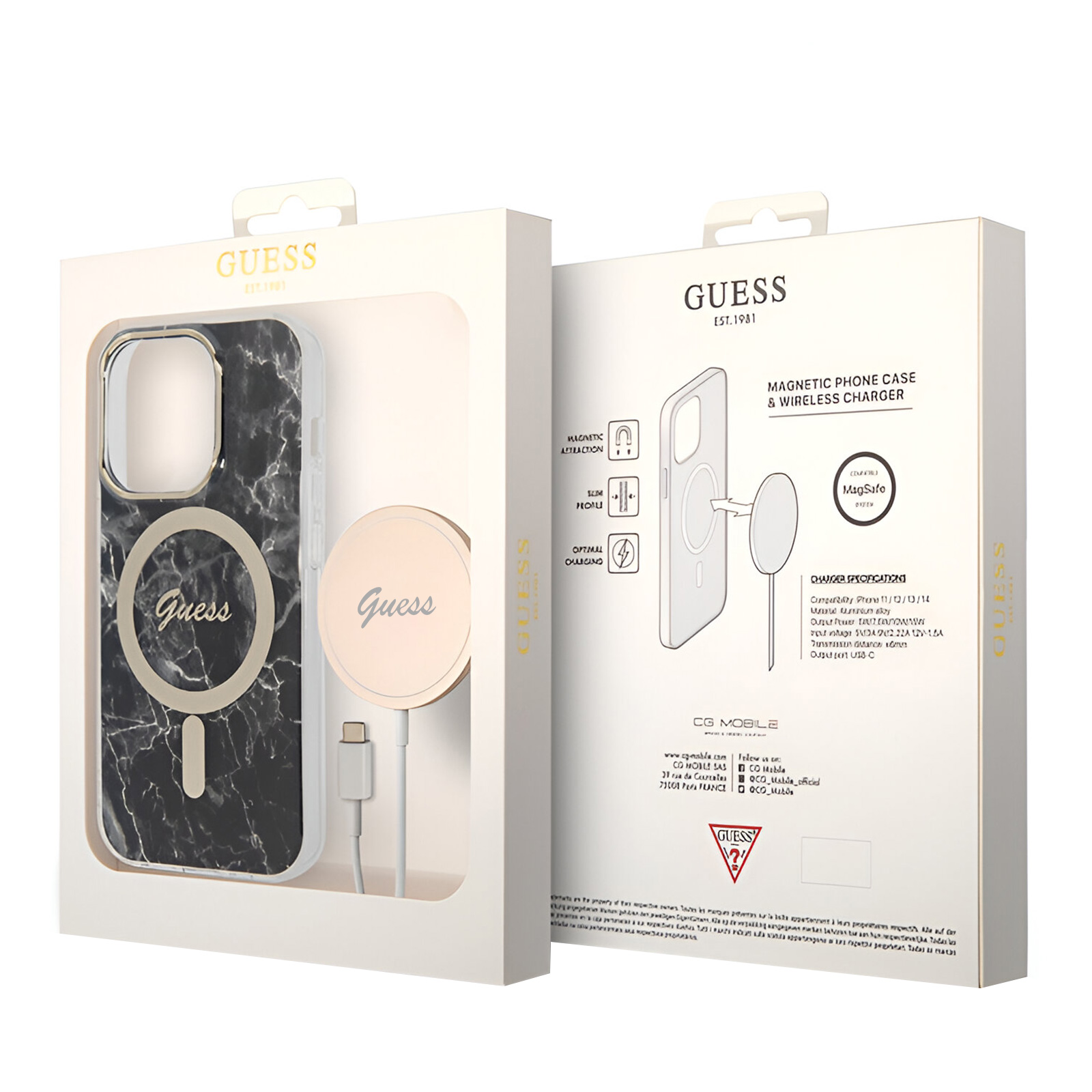 Custodia per telefono GUESS e caricatore wireless in una scatola. Custodia con motivo marmoreo visibile.