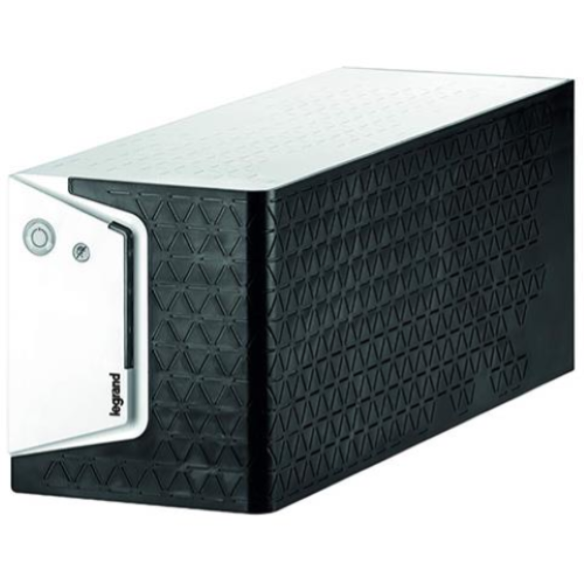 Un dispositivo UPS Legrand in bianco e nero con un pannello frontale strutturato.