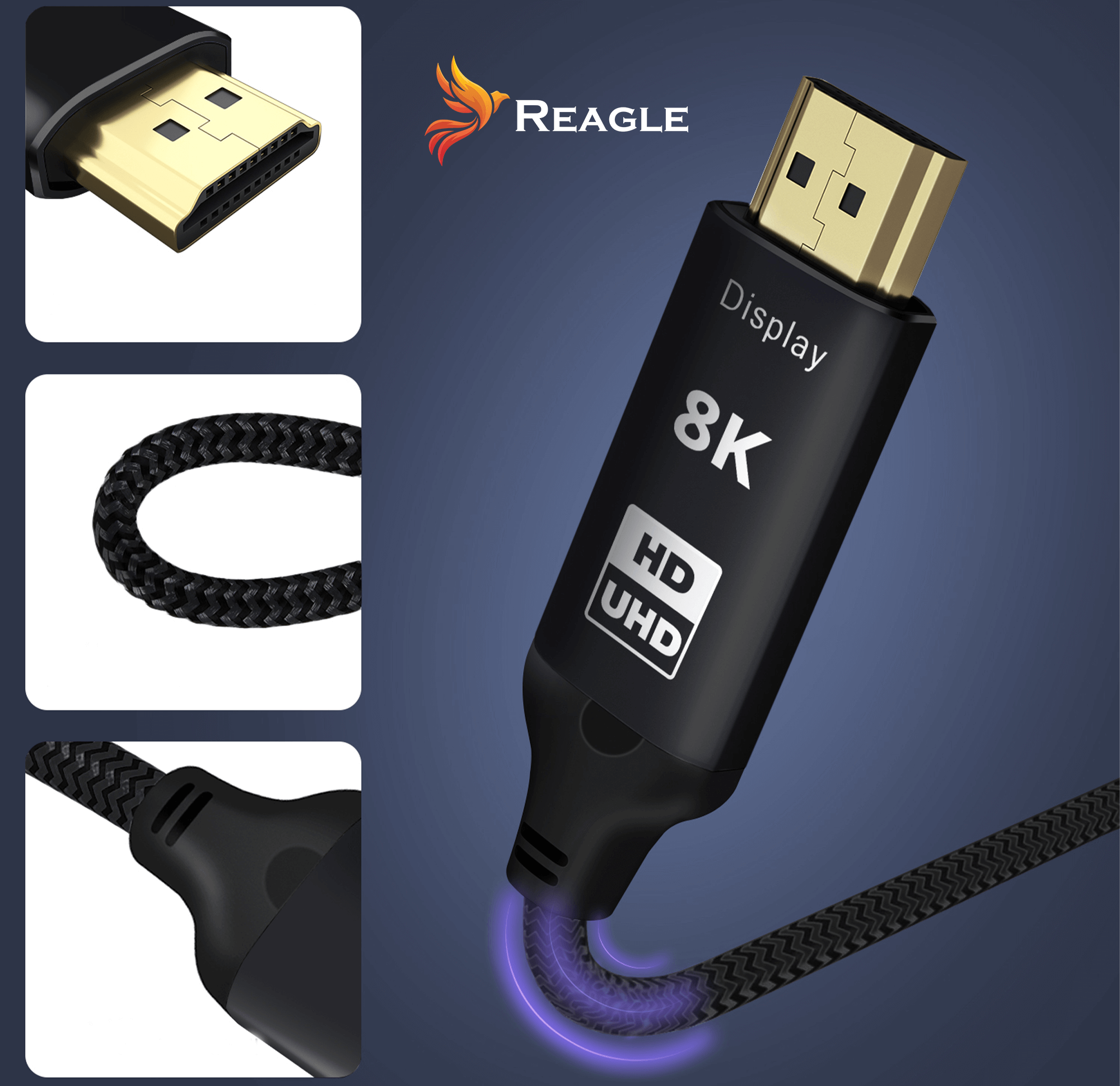 Czarny kabel HDMI ze złotymi złączami. Etykieta 8K UHD na kablu. Pleciona konstrukcja kabla.