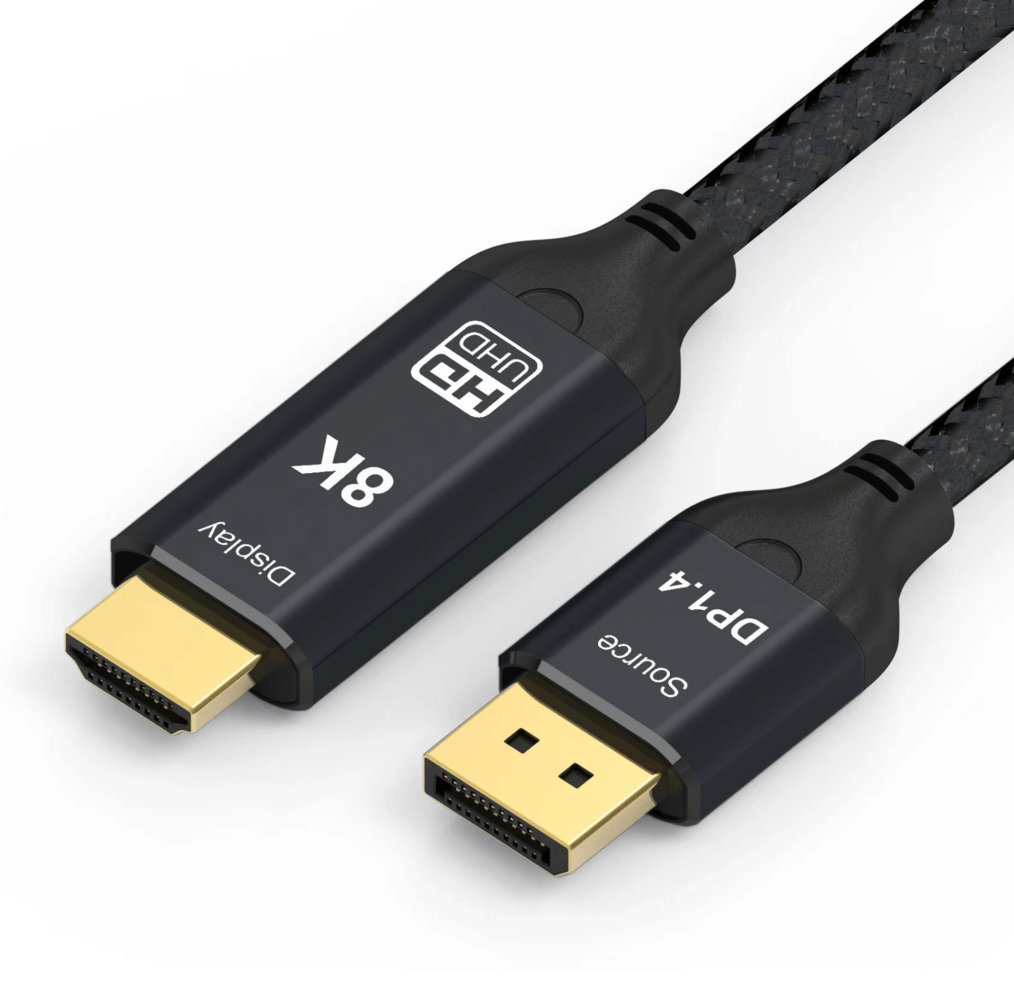 Czarny kabel 8K HDMI do DP1.4 ze złączami. Etykiety 8K i DP1.4 są widoczne na złączach.