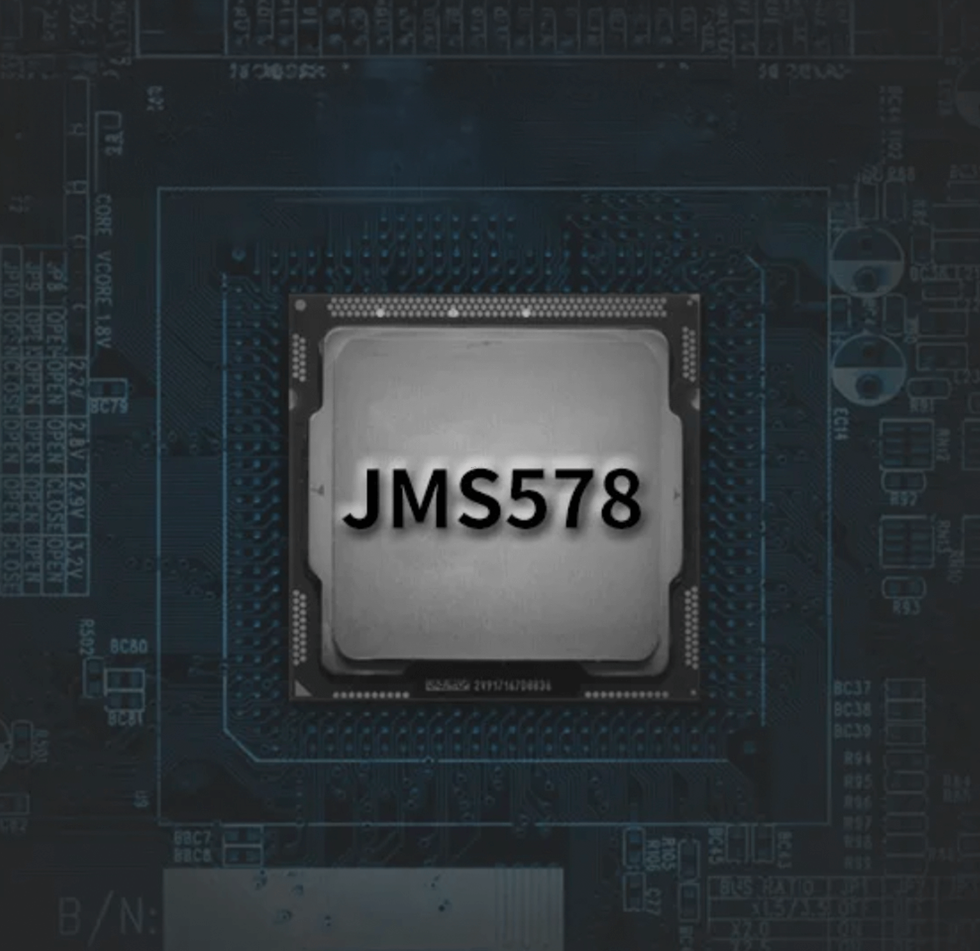 Zbliżenie procesora z napisem 'JMS578'.