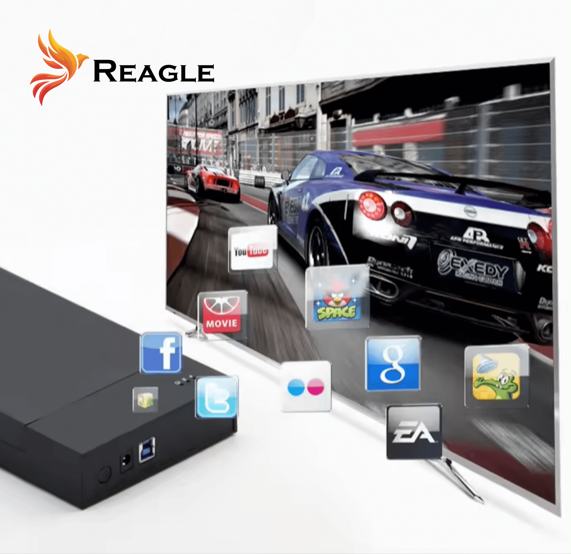 Czarne urządzenie z ekranem, na którym wyświetlana jest gra wyścigowa i ikony aplikacji.