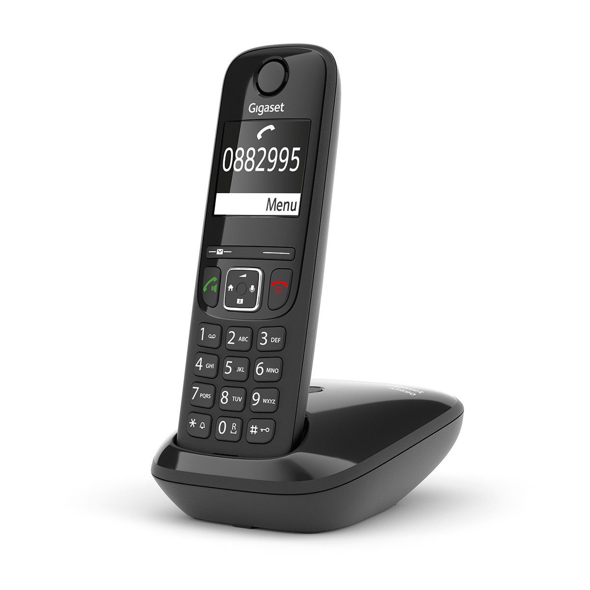 Teléfono inalámbrico negro en su cargador, con número de teléfono en pantalla.