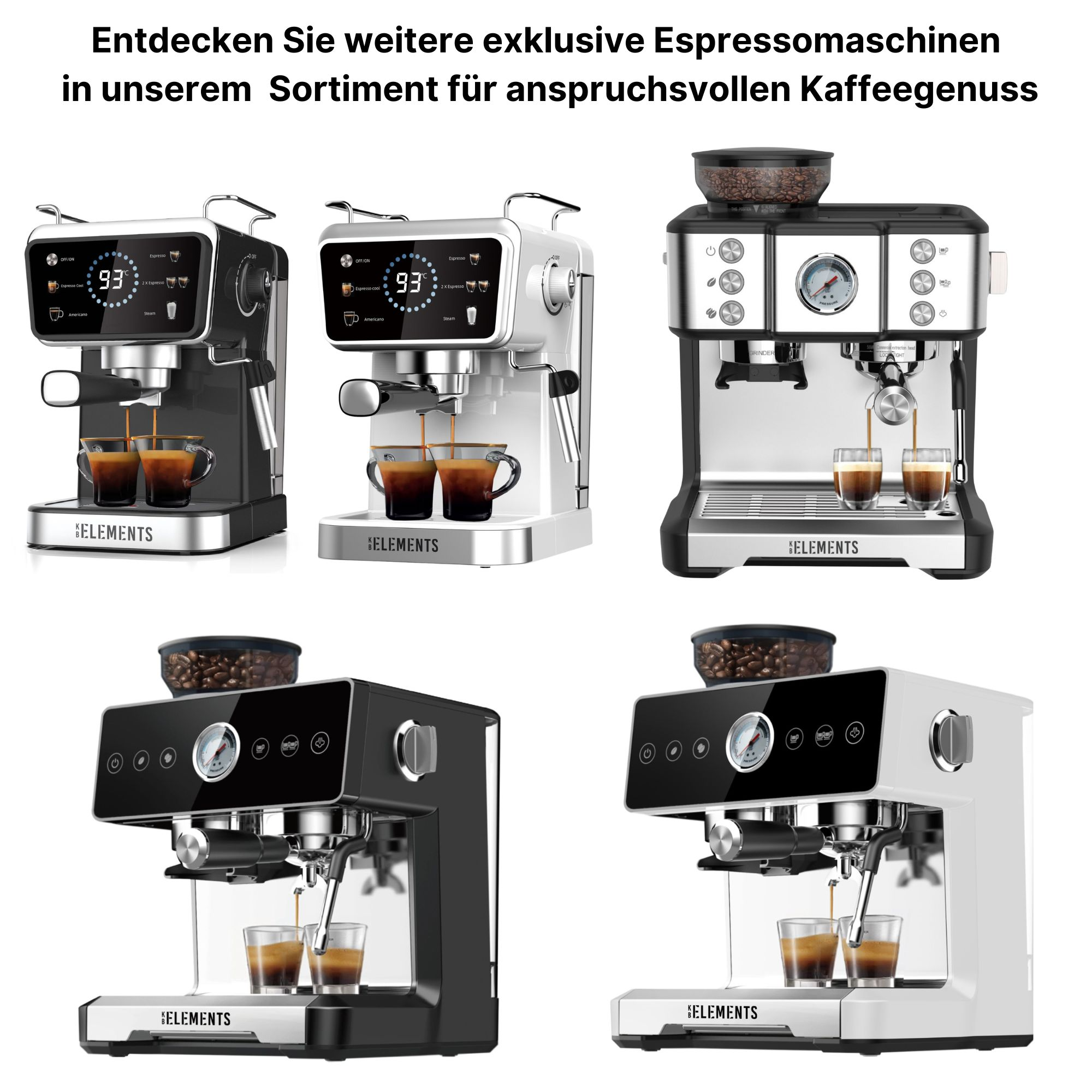 Mehrere Espressomaschinen in Schwarz und Weiß, mit Text oben.