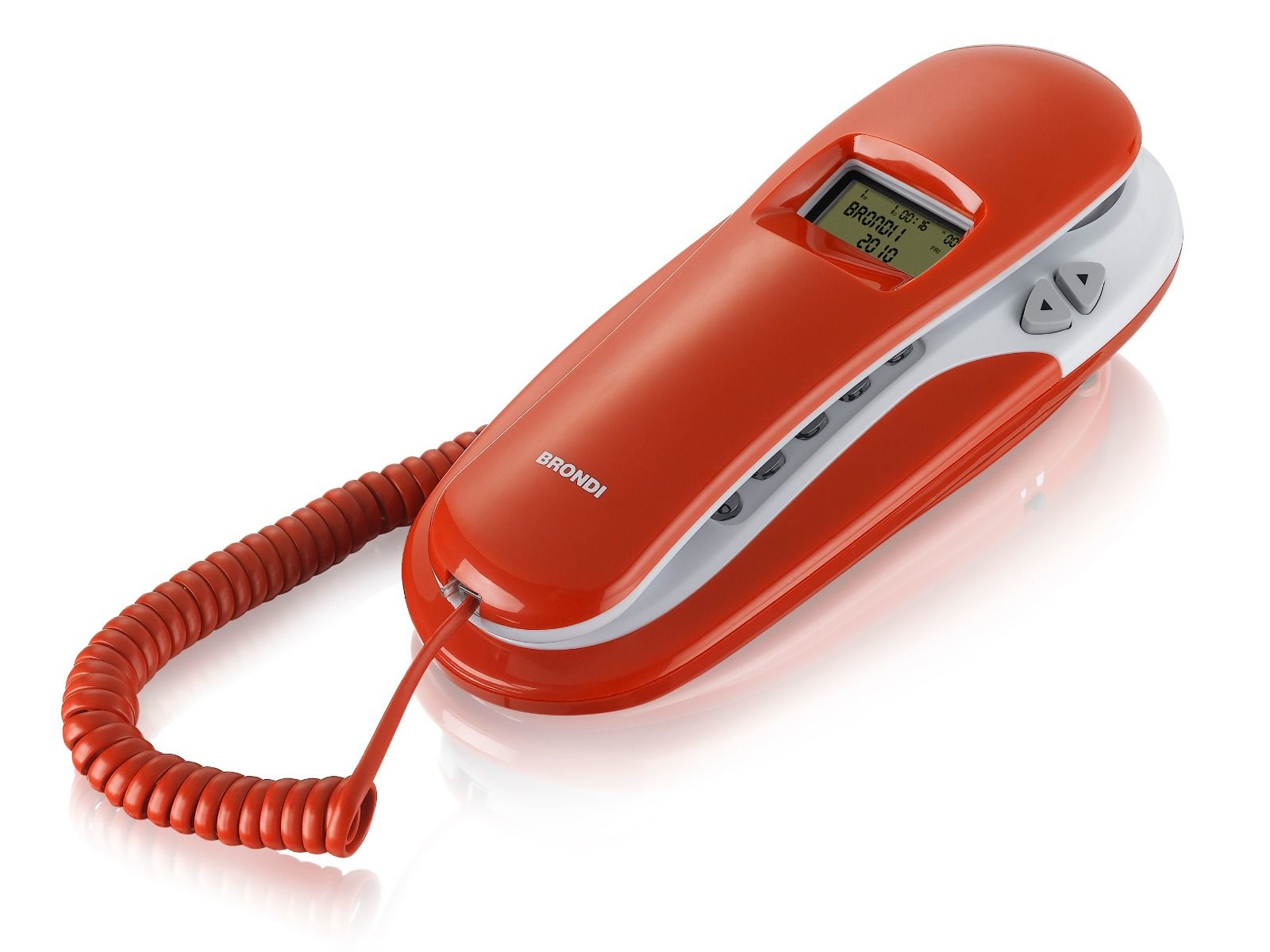 Un telefono rosso e bianco. Il cavo è rosso e a spirale.