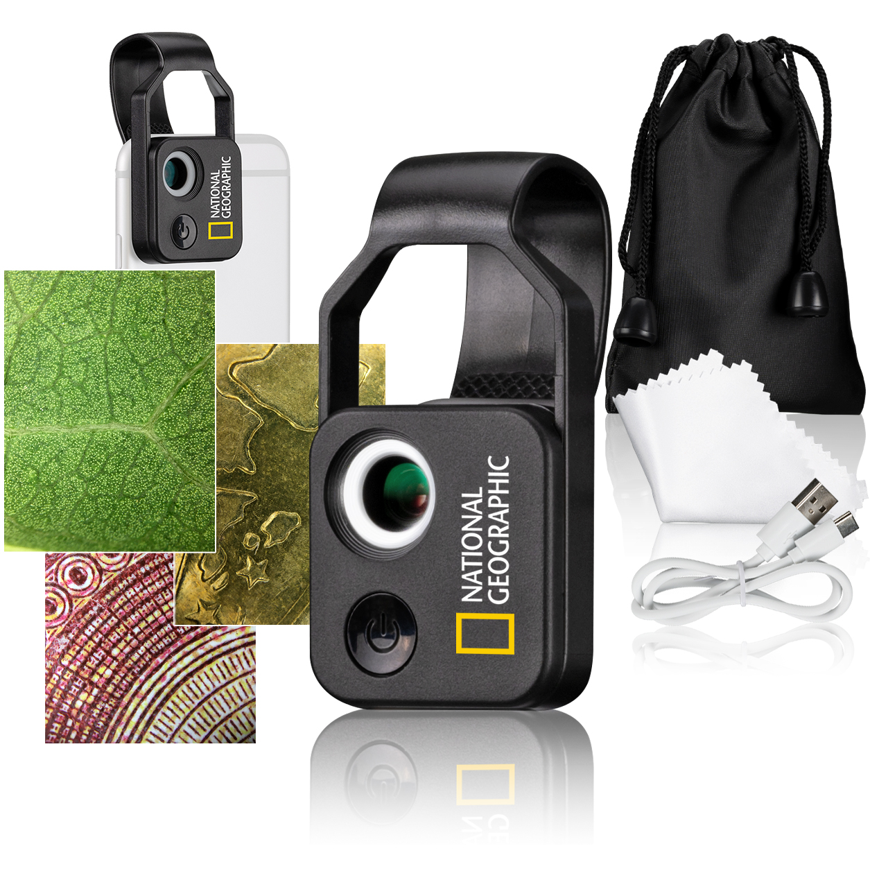 Accesorio de teléfono negro con lente y bolsa de transporte negra. Varias texturas.